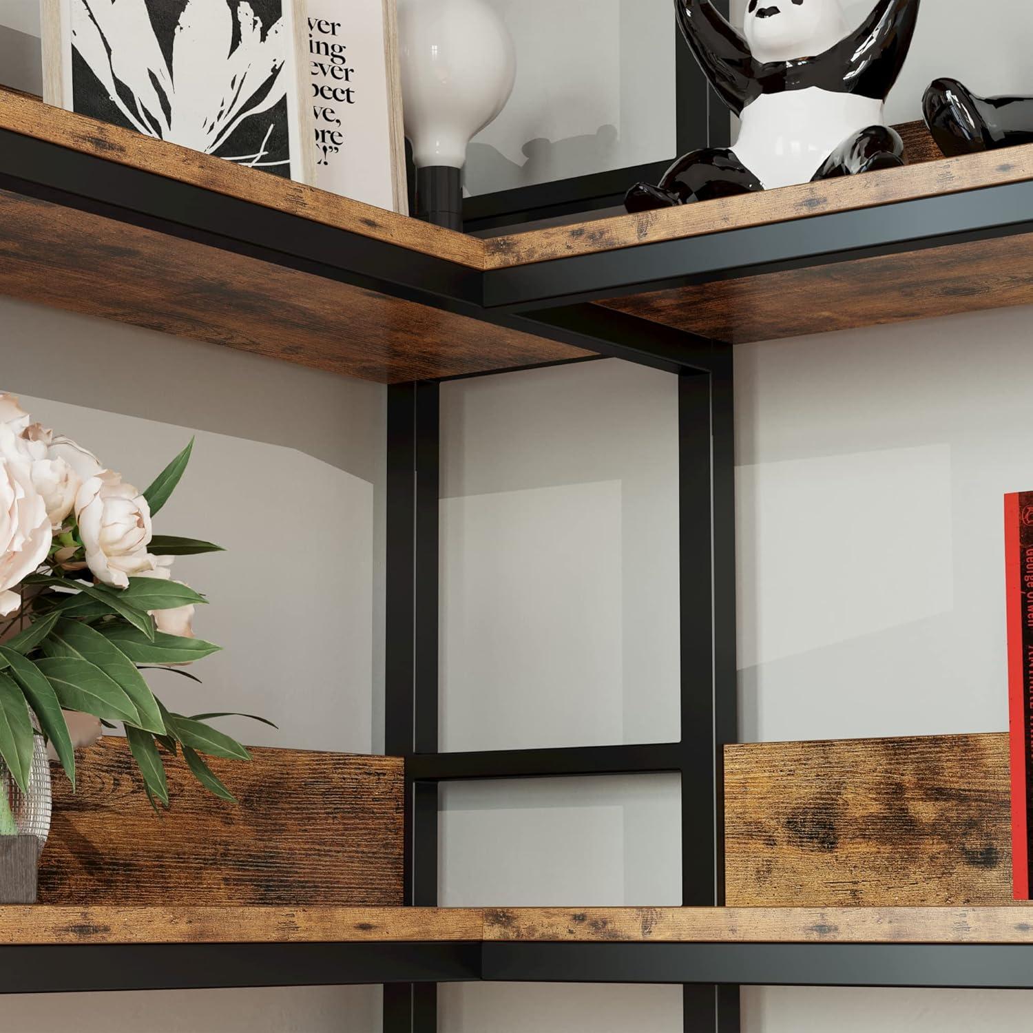 Industrial Brown and Black 5-Tier Corner Bookshelf with Metal Frame