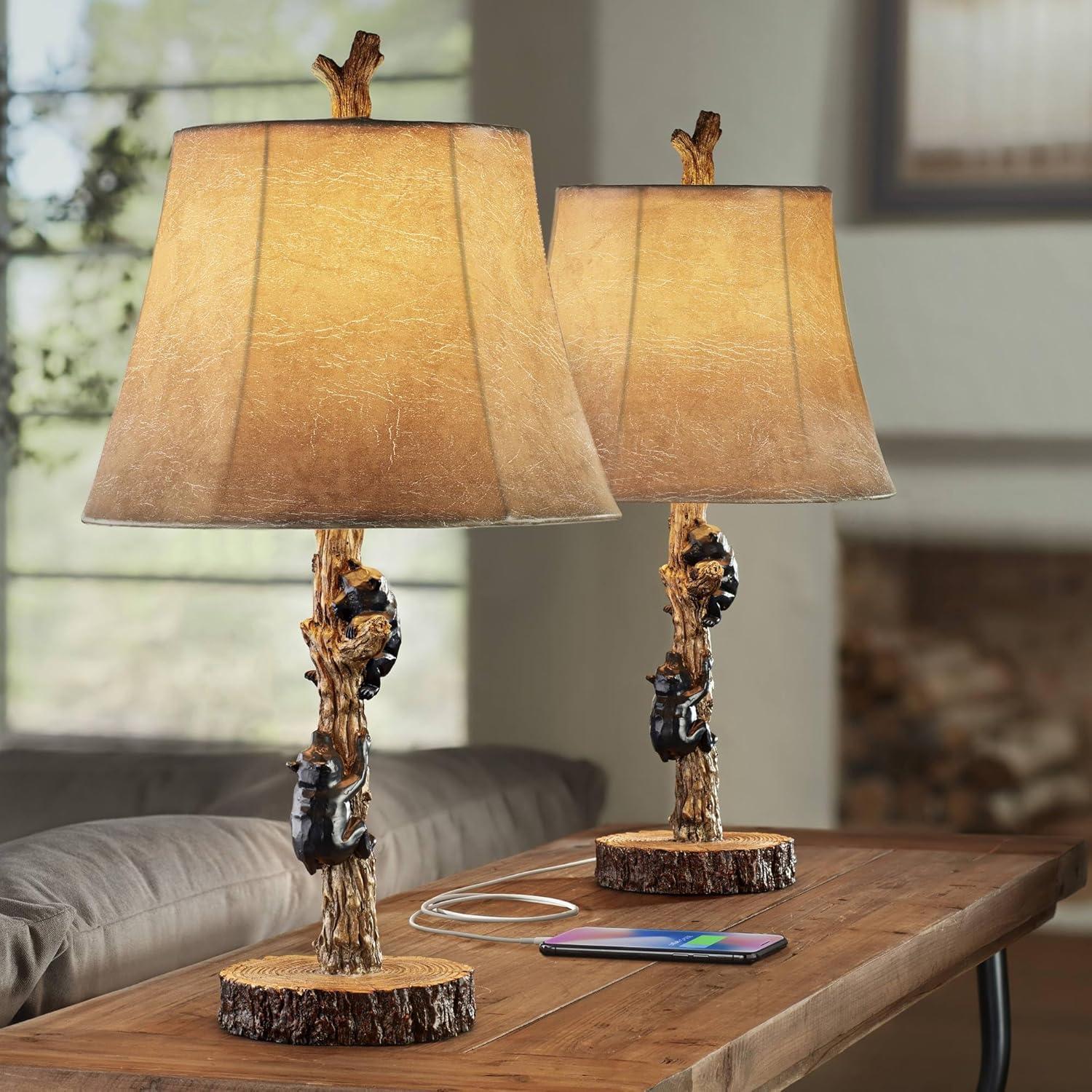 John Timberland Climbing Bears 22 1/2" High Small Rustic Style Accent Table Lamps Set of 2 USB Port Brown Black Wood Finish Living Room Charging