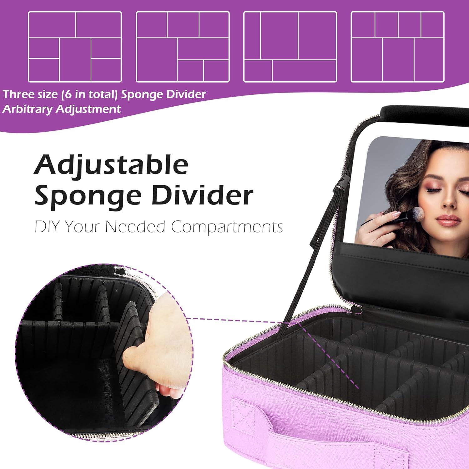 MOMIRA Travel Cosmetic Train Case with Lighted Mirror 3 Color Scenarios Cosmetic Bag Organizer with Adjustable Dividers Makeup Storage for Women, Makeup Accessories & Tools Case Purple