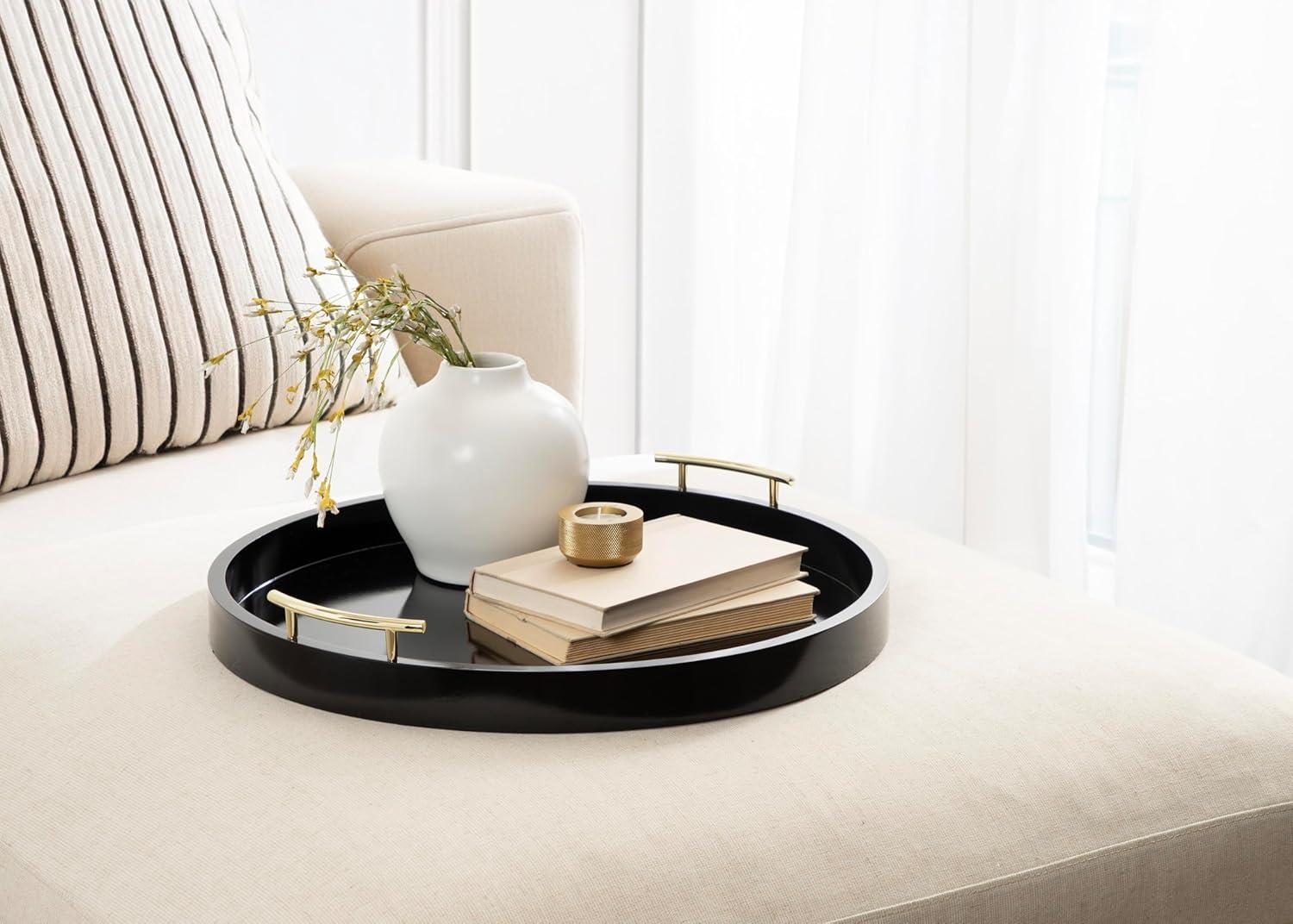 Kate and Laurel Lipton Round Decorative Tray with Metal Handles, 22" Diameter, Black