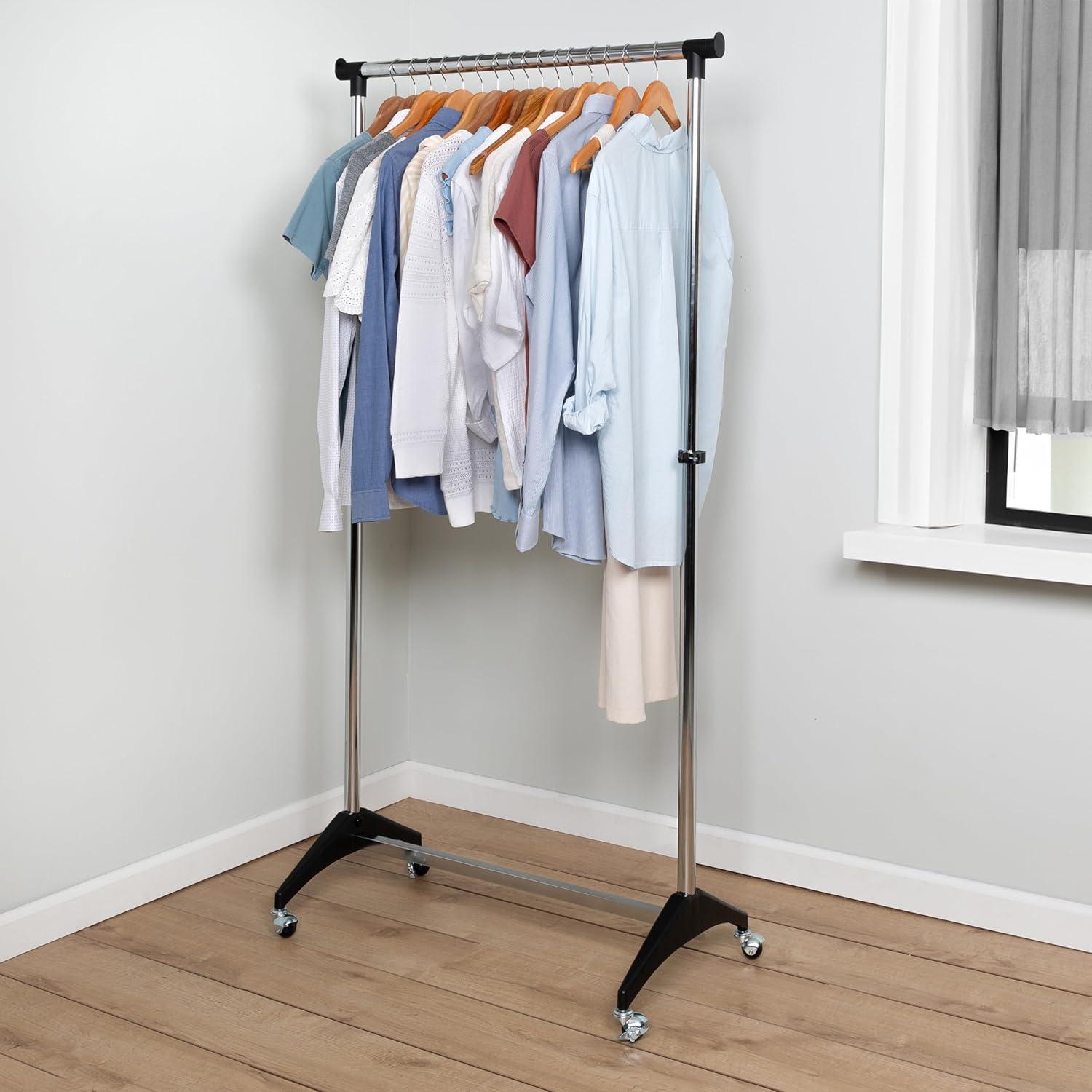 Honey-Can-Do Single Rod Rolling Adjustable Clothes Rack, Chrome/Black