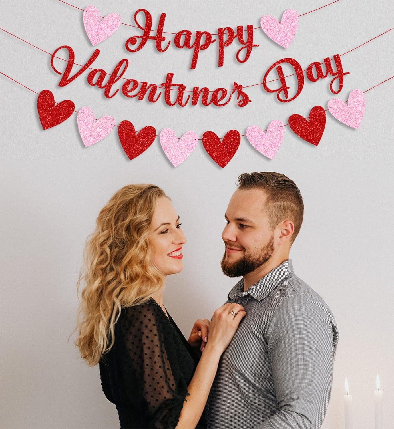 Glittery Heart Valentine's Day Banner, Red & Pink Sparkling Hollow Heart Shape DIY Paper Banner for Wedding Decoration