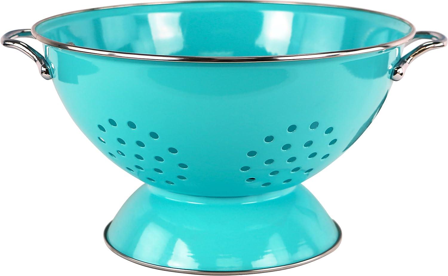 Turquoise 5 Quart Enamel Steel Colander with Chrome Handles