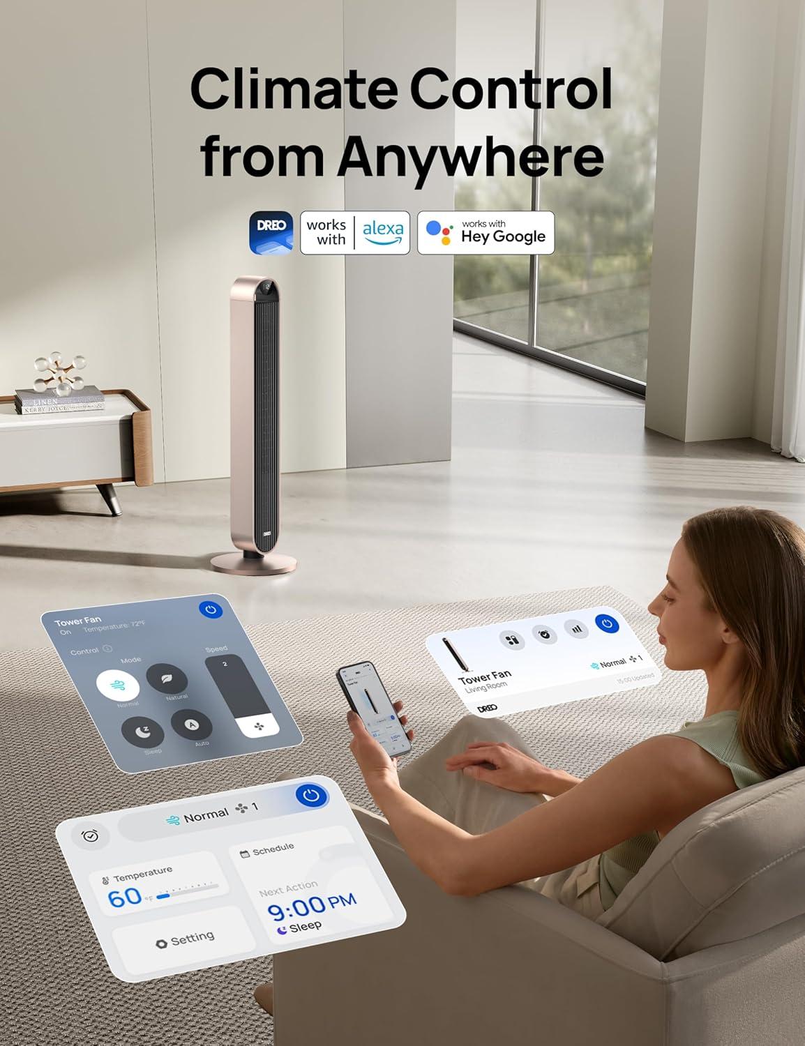 Smart WiFi Bladeless Oscillating Floor Fan with Remote Control