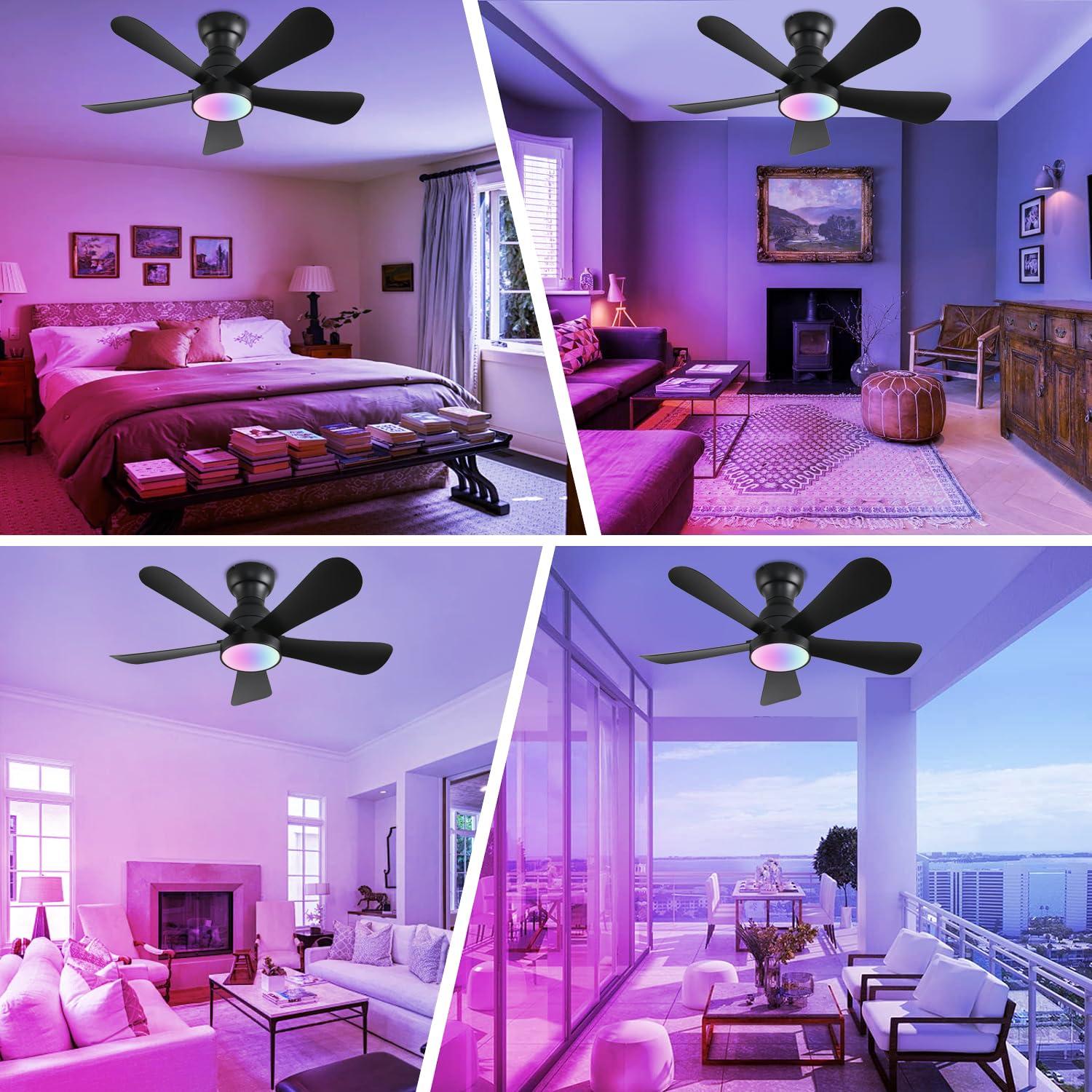 36inch Ceiling Fans with Lights and Remote/App Control, Flush Mount Ceiling Fan with Reversible Dc Motor RGB Dimmable Light, Noiseless Black Modern Small Ceiling Fan for Bedroom Indoor/Outdoor