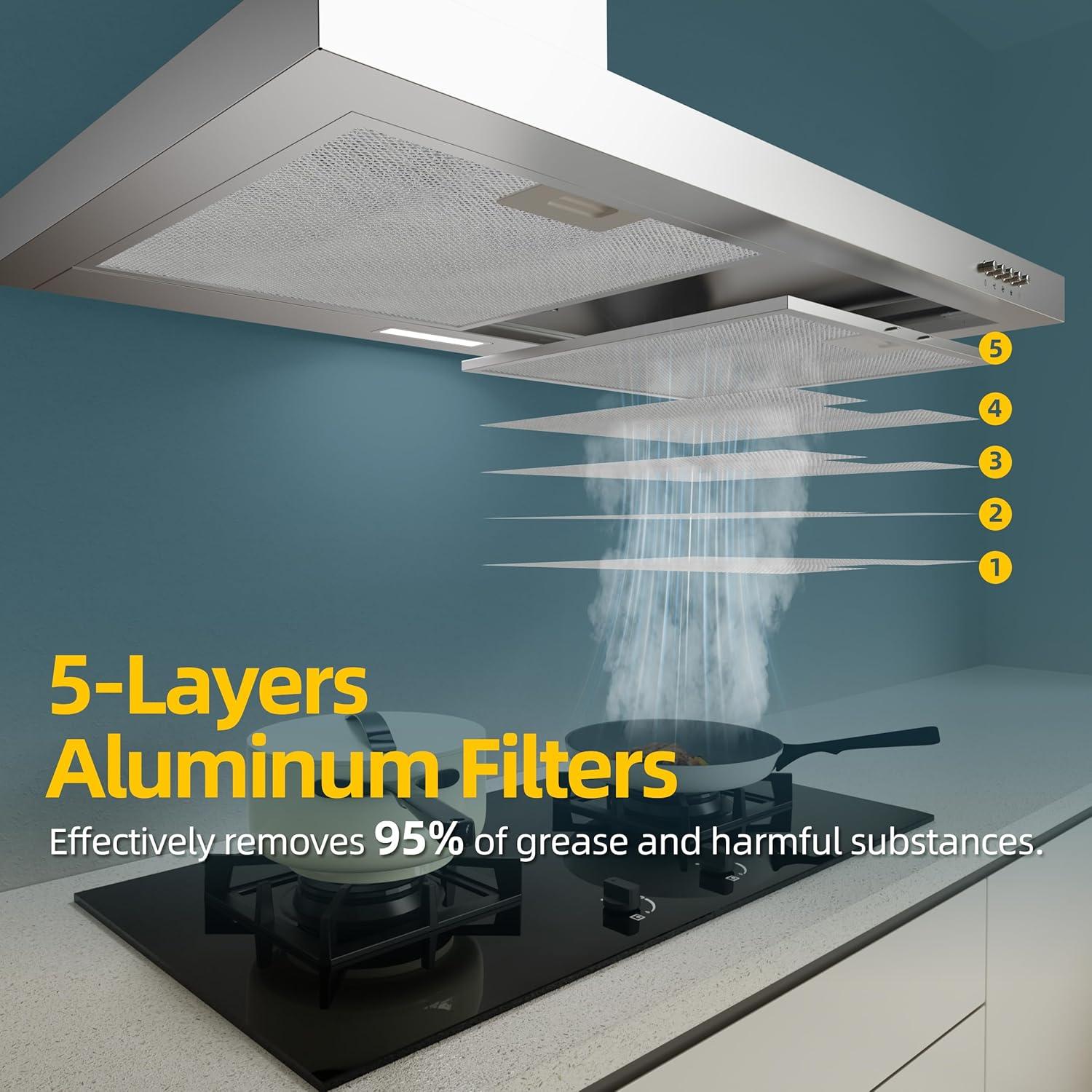 FIREGAS Range Hood 30 inch Wall Mount Type with Ducted/Ductless Convertible, 450 CFM Stainless Steel Chimney-Style Kitchen Hood, Over Stove Vent Hood with 3 Speed Fan, LED Light, Charcoal Filters