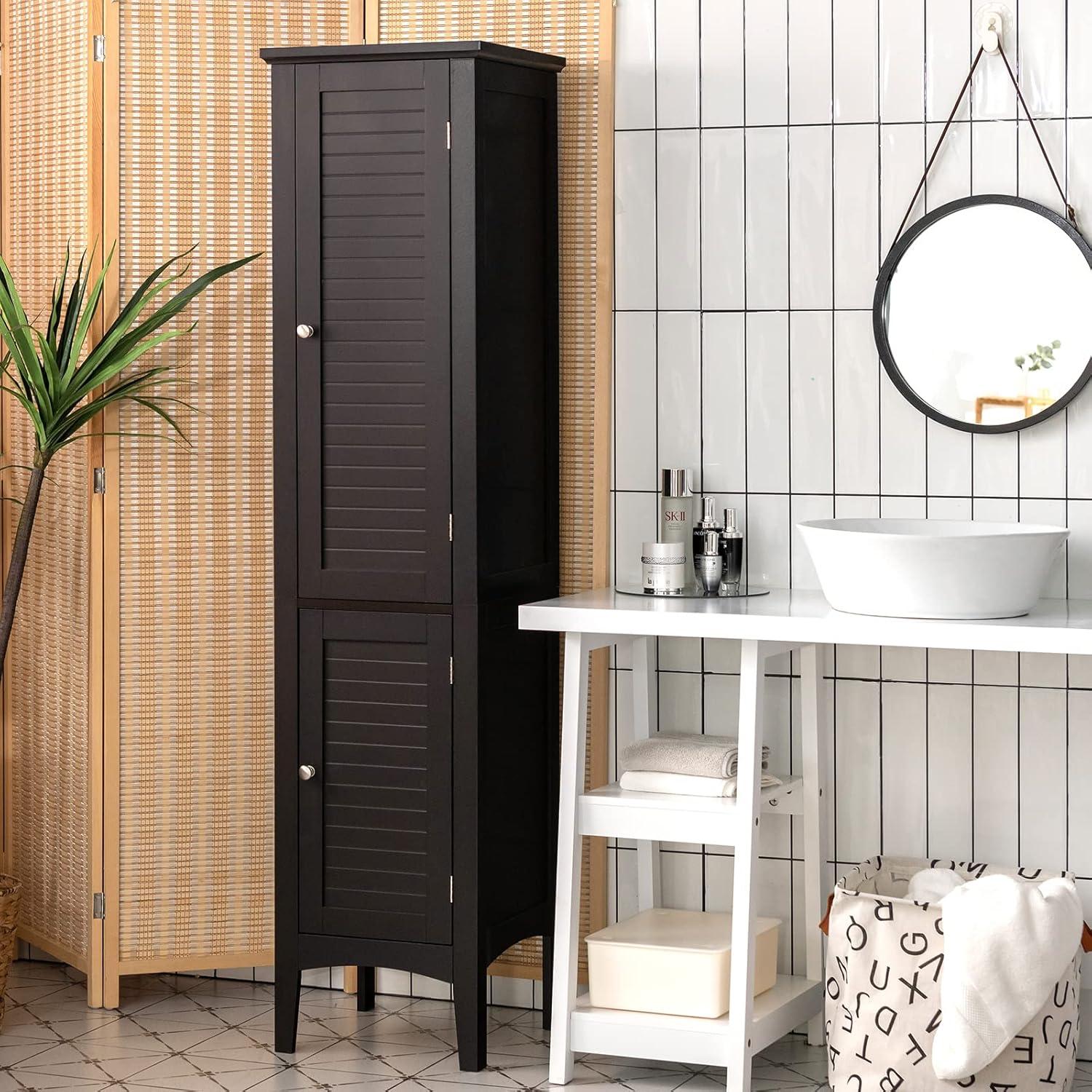 5 Tier  Freestanding Tower Cabinet Tall Bathroom Storage Cabinet Brown