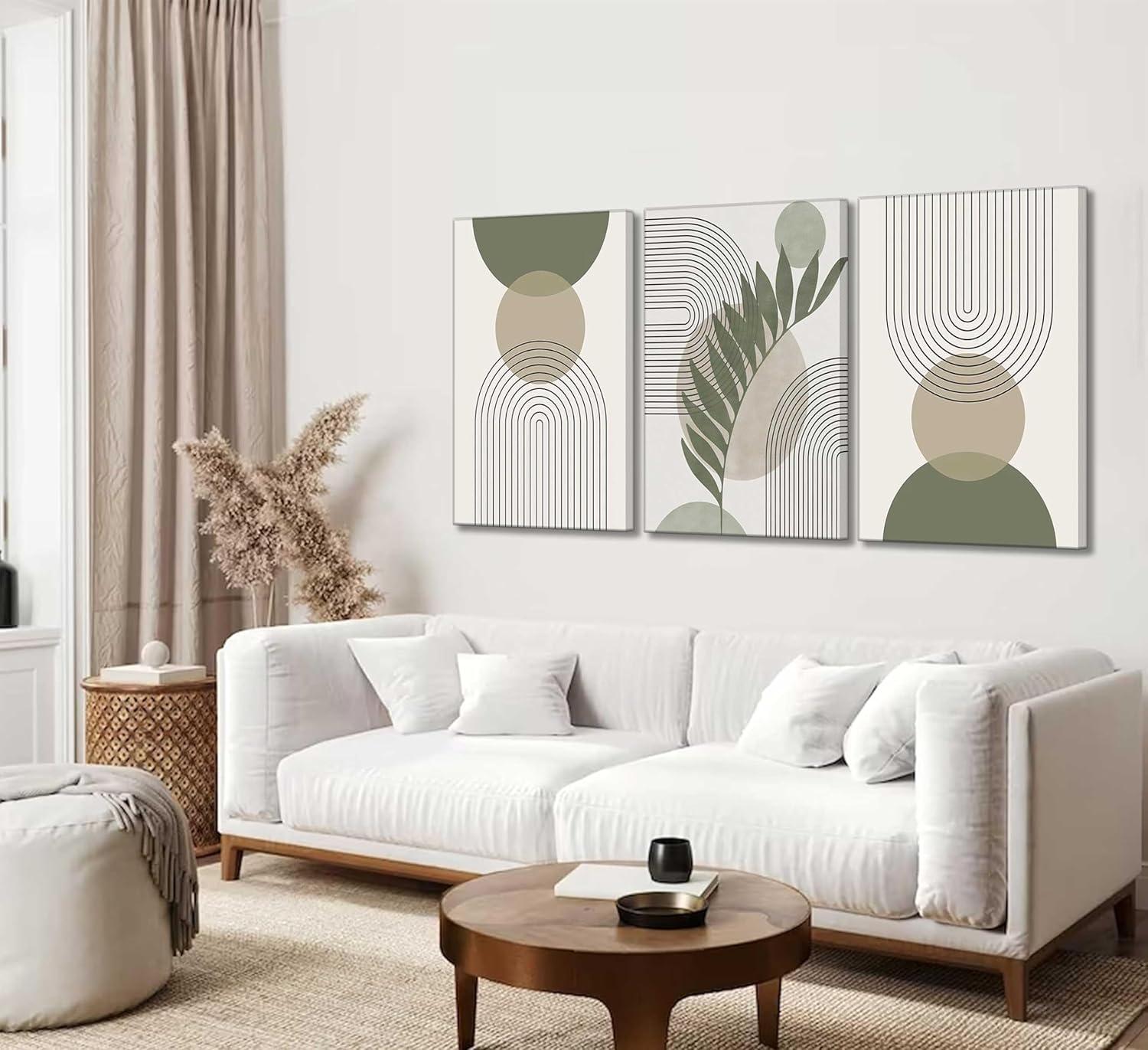 Framed Boho Wall Art, Abstract Sage Green Wall Decor Palm Leaf Sun Moon Line Green Canvas Painting, Minimalist Geometric Boho Room Decor, Sage Green Wall Posters & Prints for Living Room,