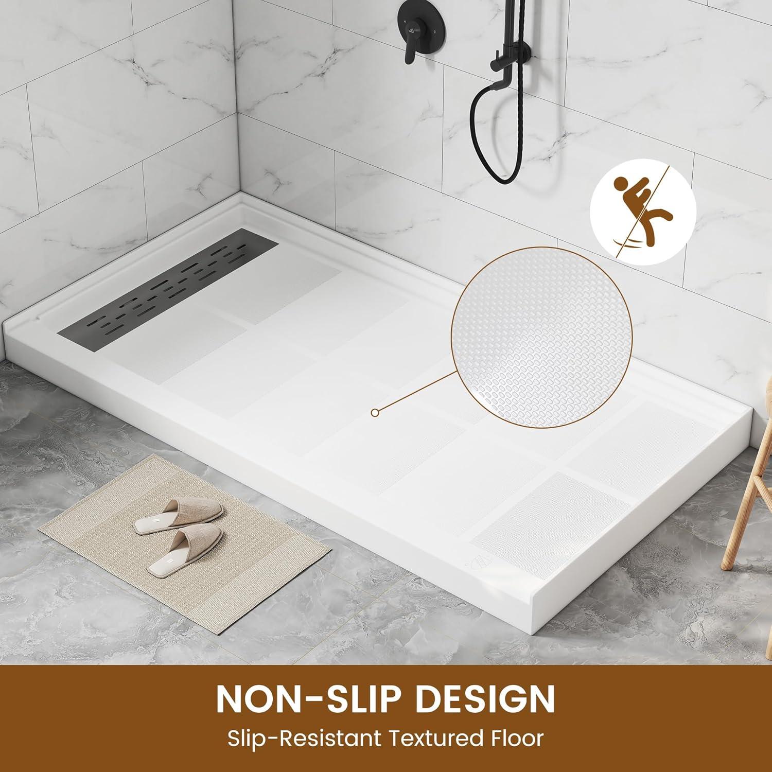 CASAINC CABR2501WH6032L GranVía 60"W X 32"D Single Threshold Shower Base Anti-Slip Shower Pan, Drain Assembly & Drain Cover Included