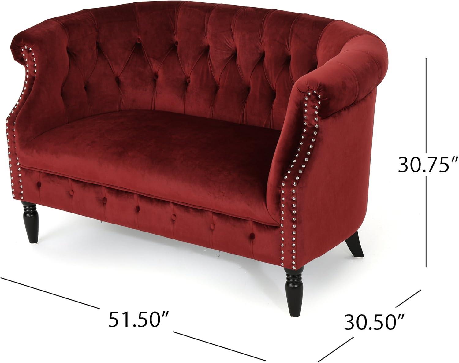 Garnet Velvet Chesterfield Loveseat with Nailhead Accents