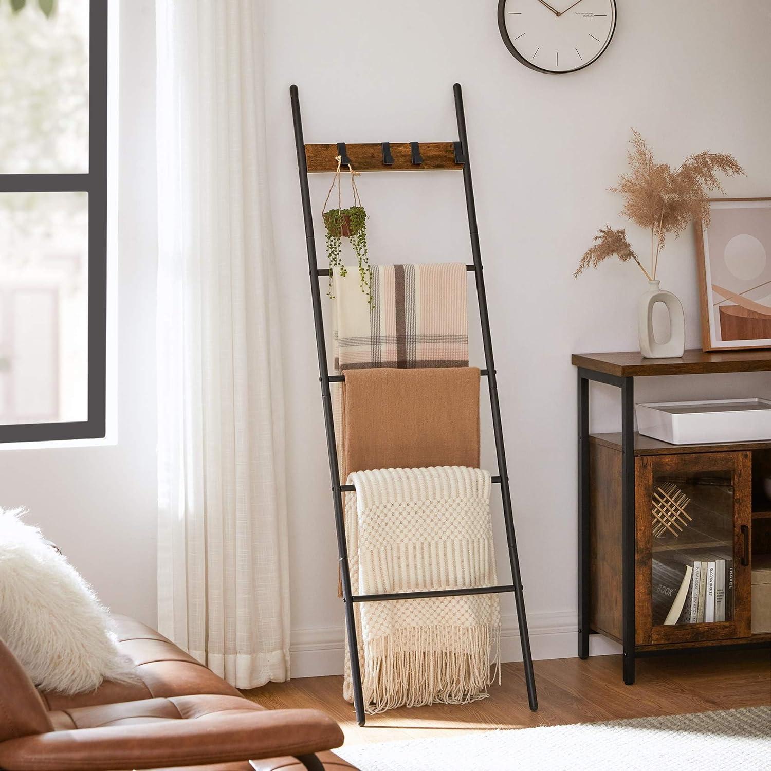 Rustic Brown and Black 5-Tier Ladder Shelf with Metal Frame