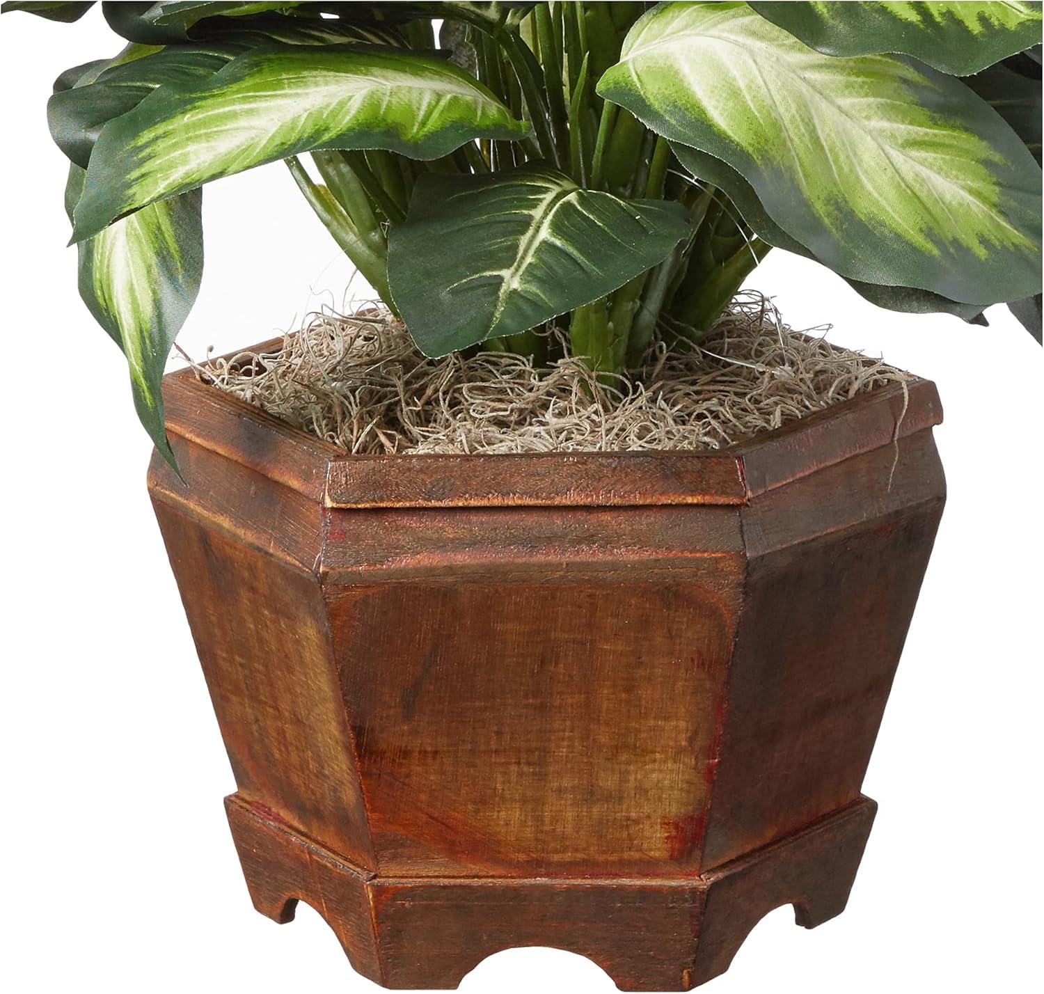 22" Artificial Triple Golden Dieffenbachia with Wood Vase - Nearly Natural