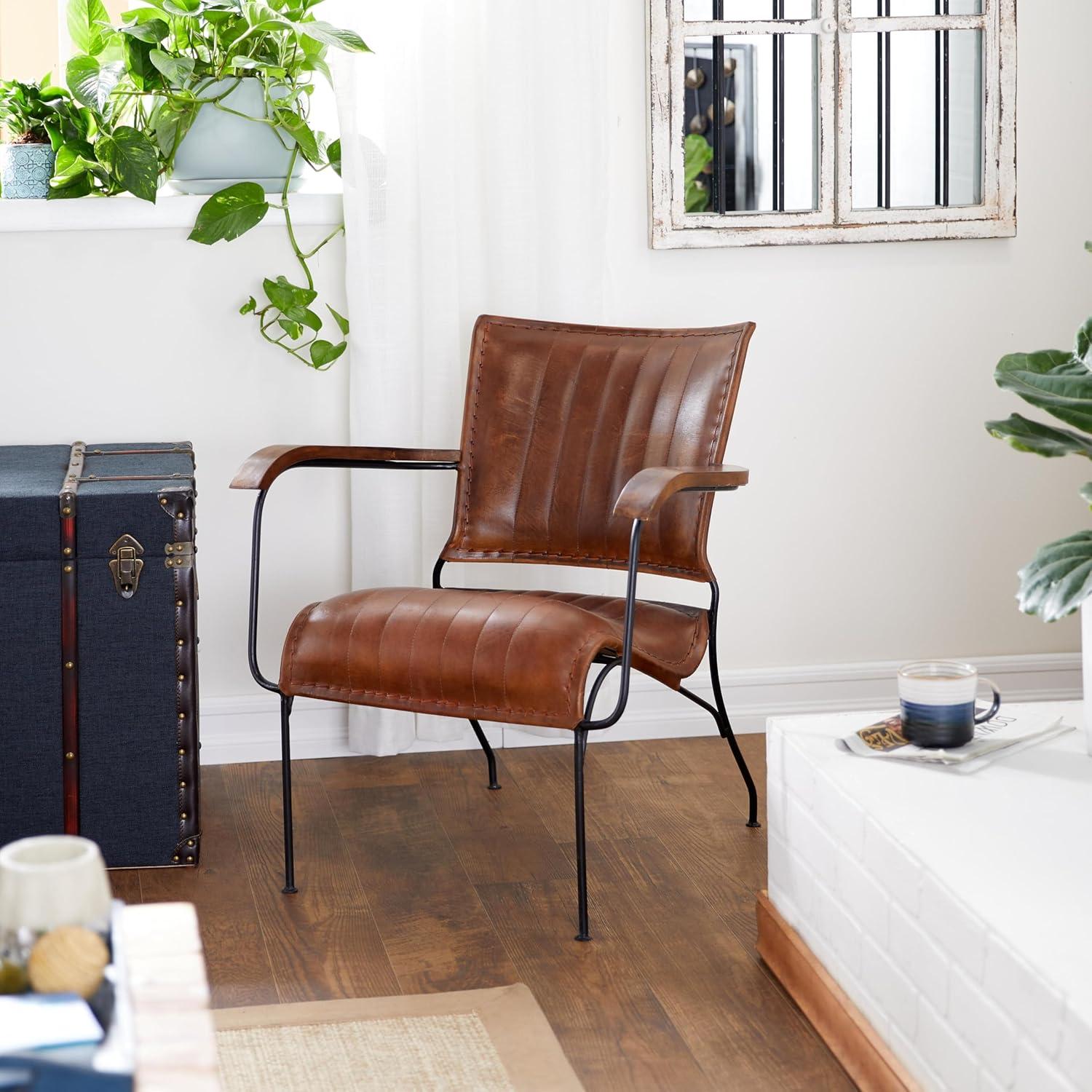 Vintage Cow Hide Leather and Iron Accent Chair Brown - Olivia & May: No Assembly, Metal Frame, Spot Clean