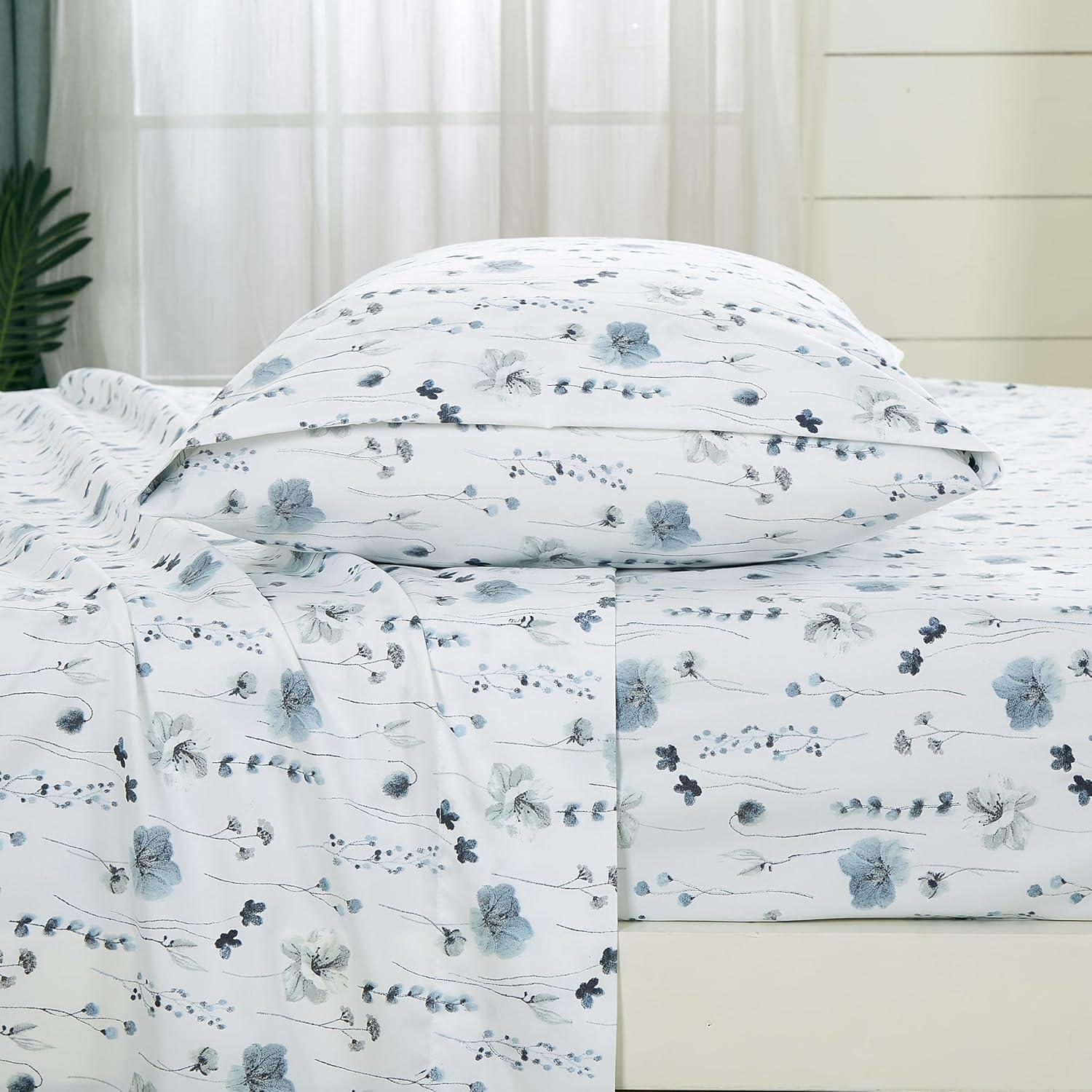 White Floral Microfiber Queen Bed Sheet Set with Deep Pockets