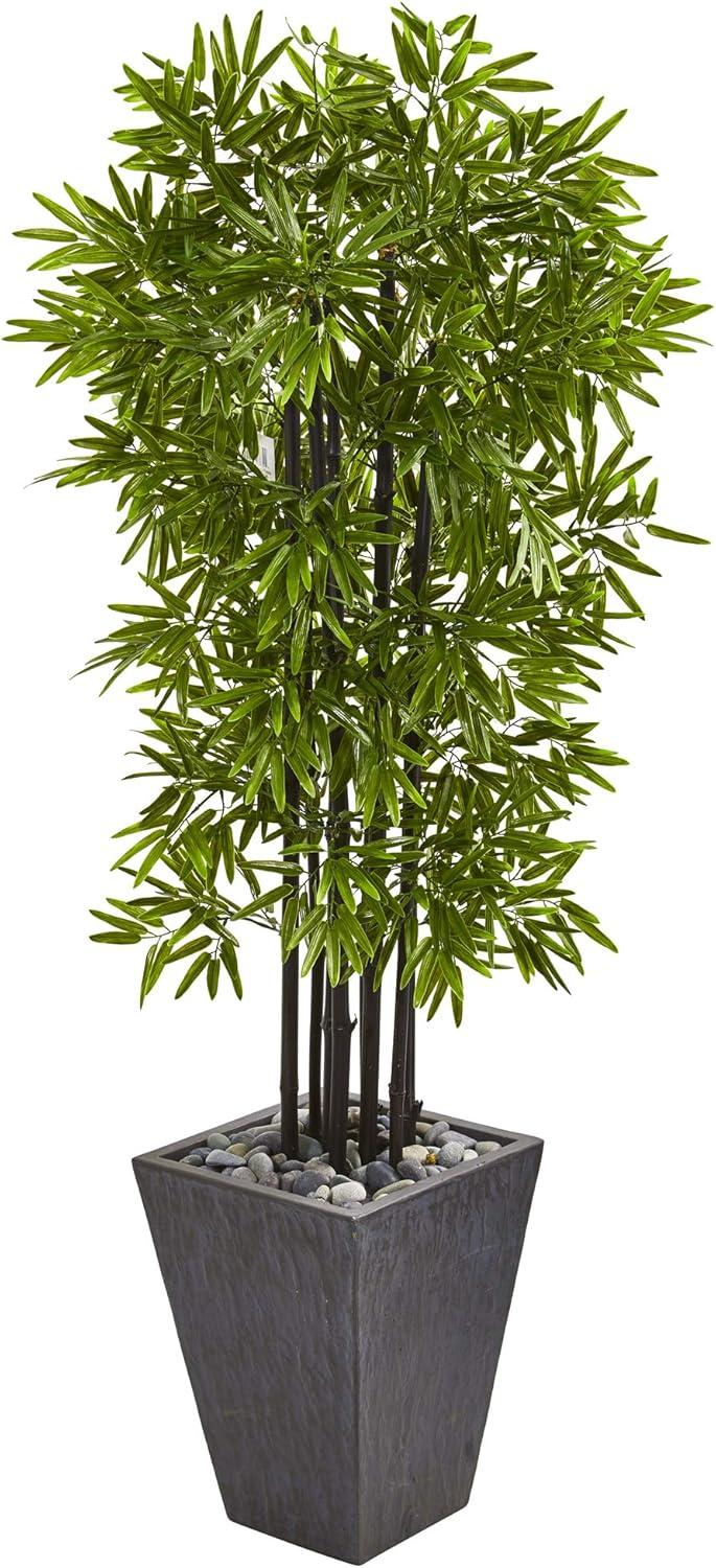 Nearly Natural 61-in Bamboo Artificial Tree with Black Trunks in Slate Planter (Indoor/Outdoor)