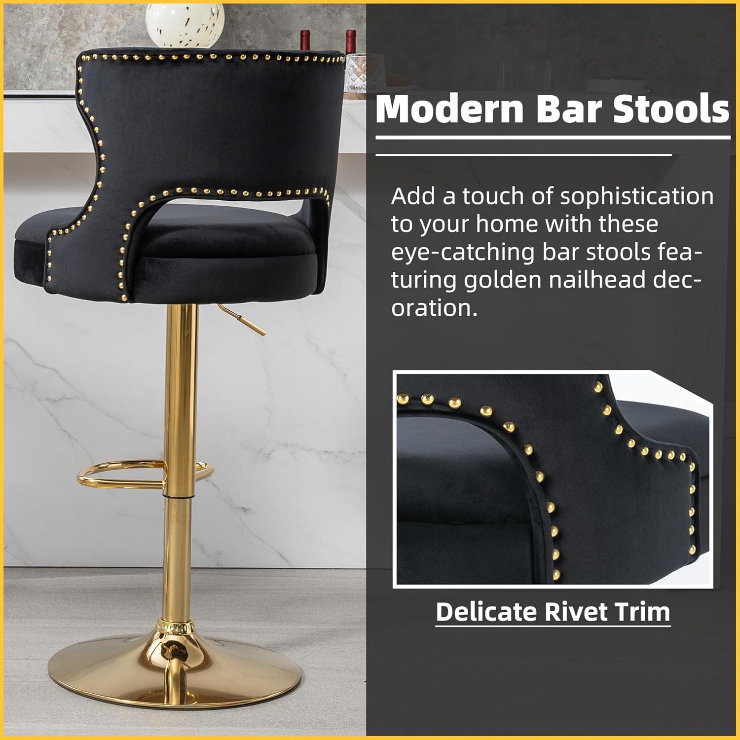 Black Velvet Swivel Bar Stools with Gold Base, Set of 2