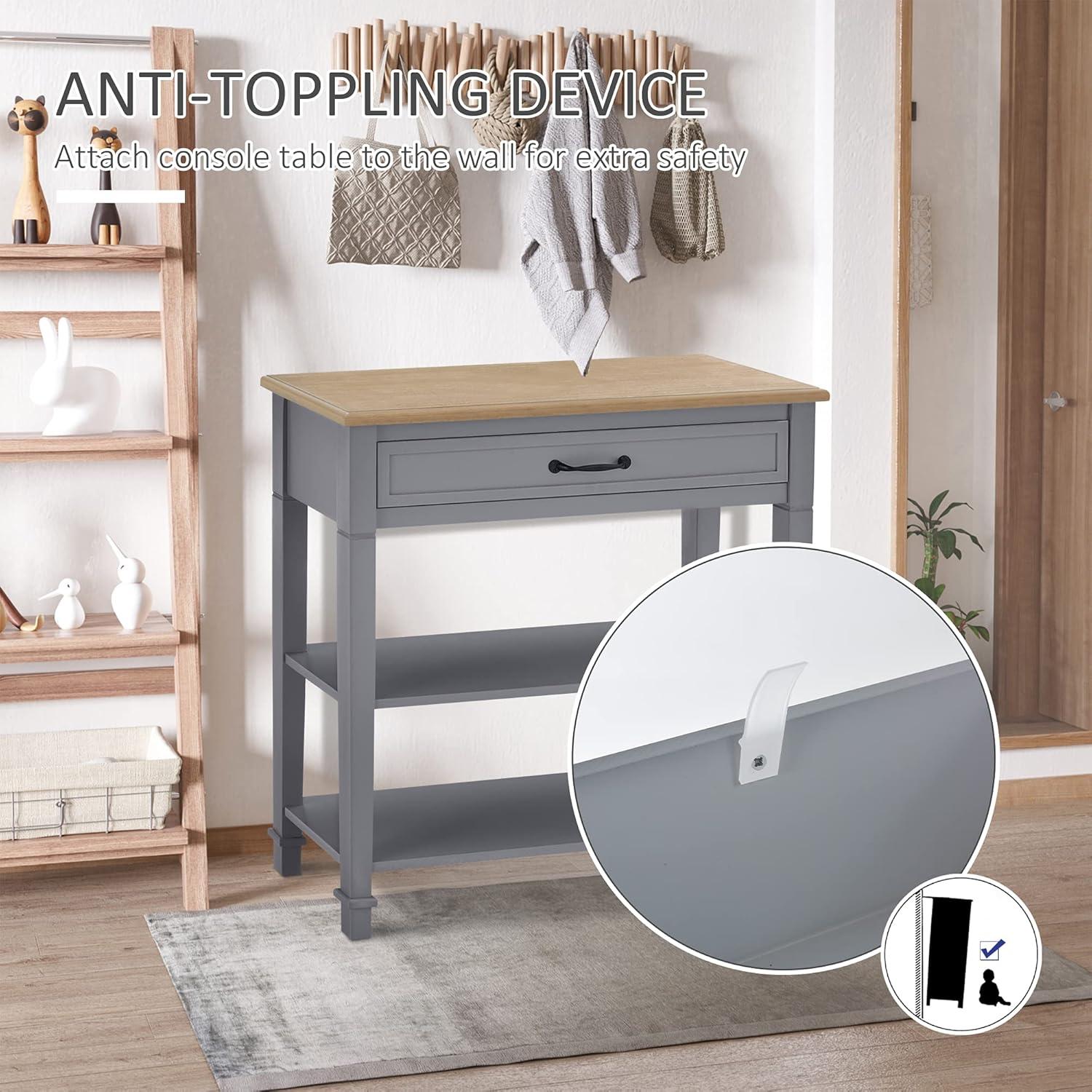 HOMCOM Entry Way Table Modern Style Sofa Console with Drawer and Shelves, Sturdy Build, and Large Storage, Gray