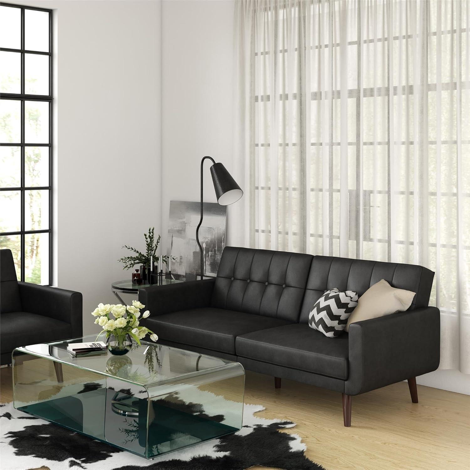 Nia Black Faux Leather Tufted Sleeper Sofa with Wood Legs