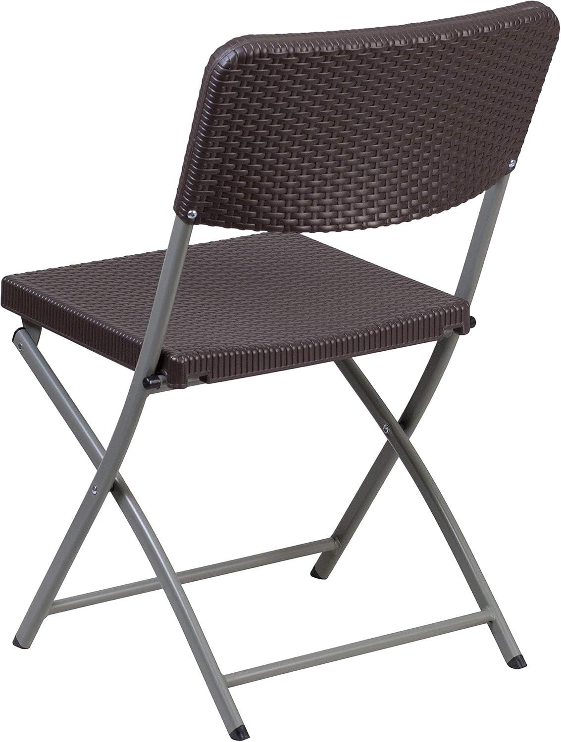 Emma and Oliver 2 Pack Brown Rattan Plastic Indoor-Outdoor Patio Folding Chair