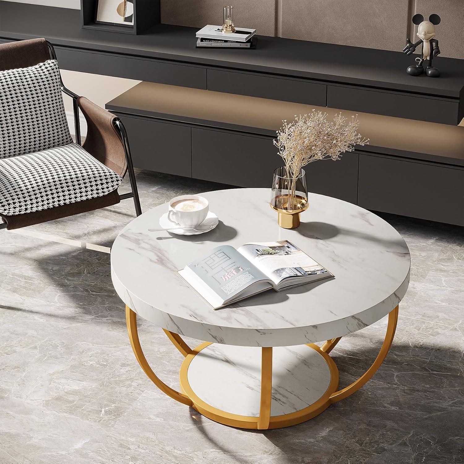 Modern Round White Marble Coffee Table with Gold Metal Base