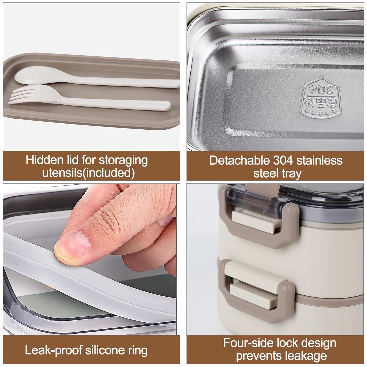 Stainless Steel Bento Box for Adults&Kids,Japanese Leakproof Lunch Box Divided Food Meal Storage Containers Set Stackable 2 Layer for Children School Picnic Green