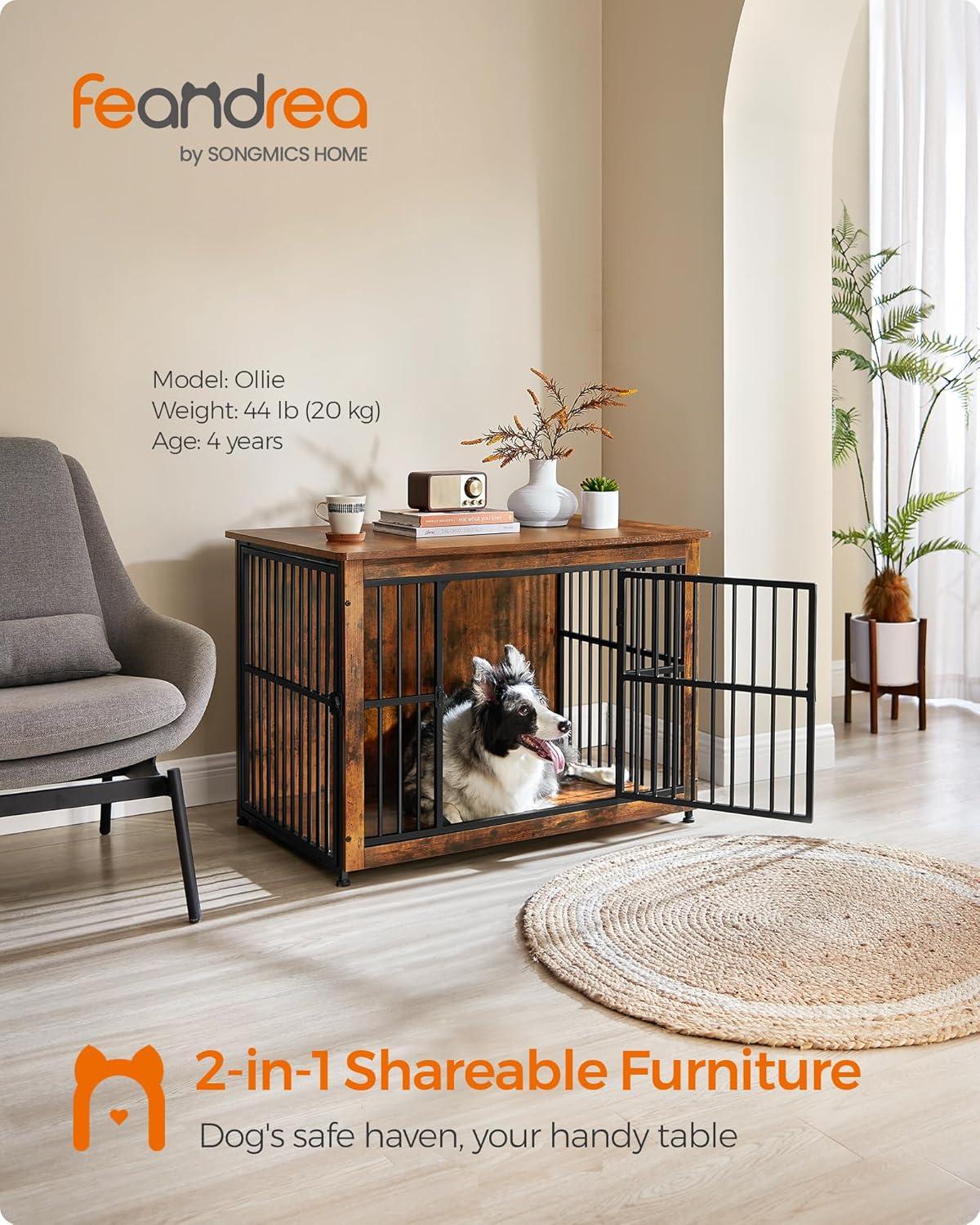 Feandrea Dog Crate Furniture, 38 Inches Dog Kennel for Dogs up to 70 lb, with Removable Tray, Heavy-Duty Dog Cage End Table, Double Doors Dog House, Rustic Brown UPFC013X01