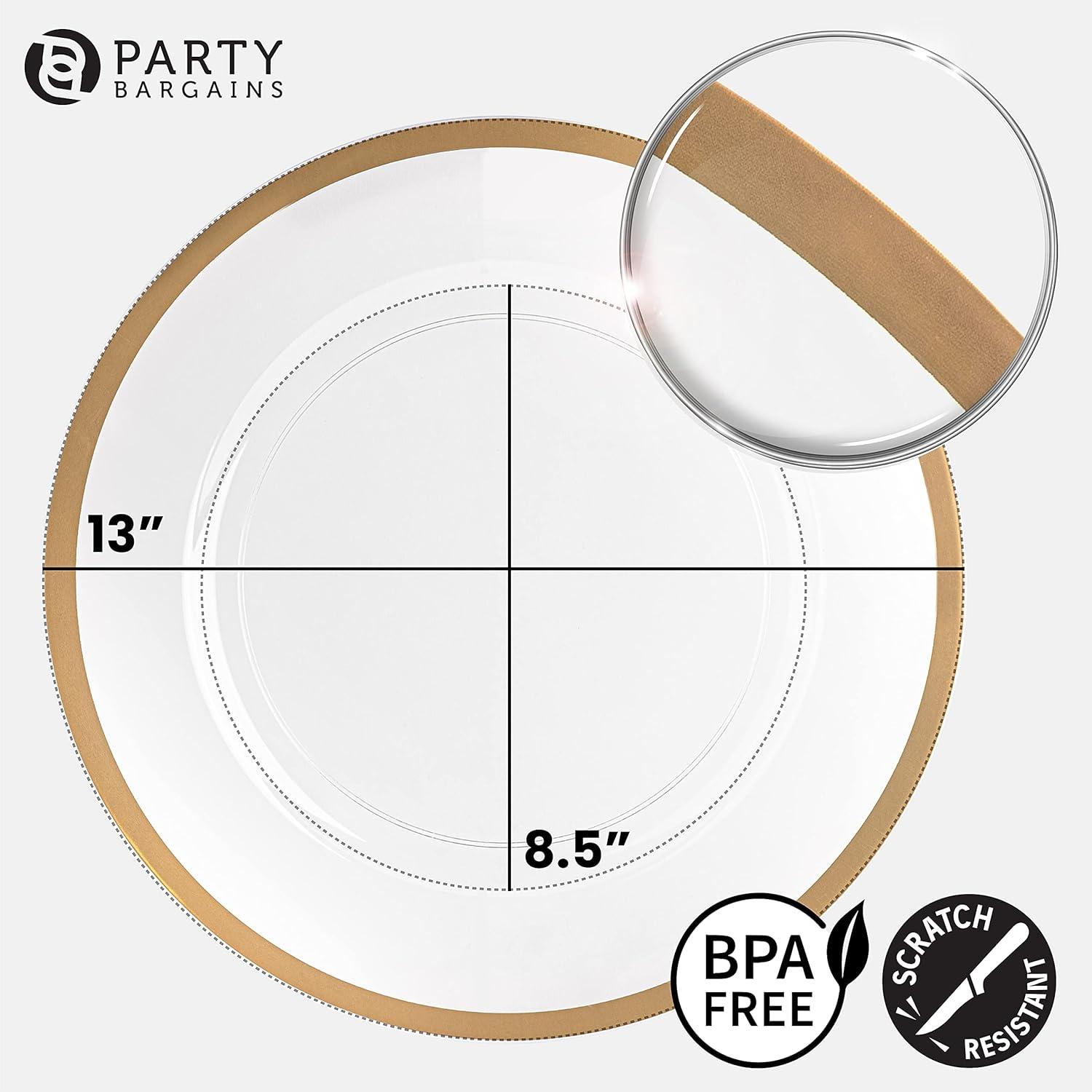 PARTY BARGAINS 13-Inch Charger Plates - 4 Pack, Clear Gold Rim, Heavy-Duty Disposable Chargers for Elegant Dining - Ideal for Weddings and Formal Events