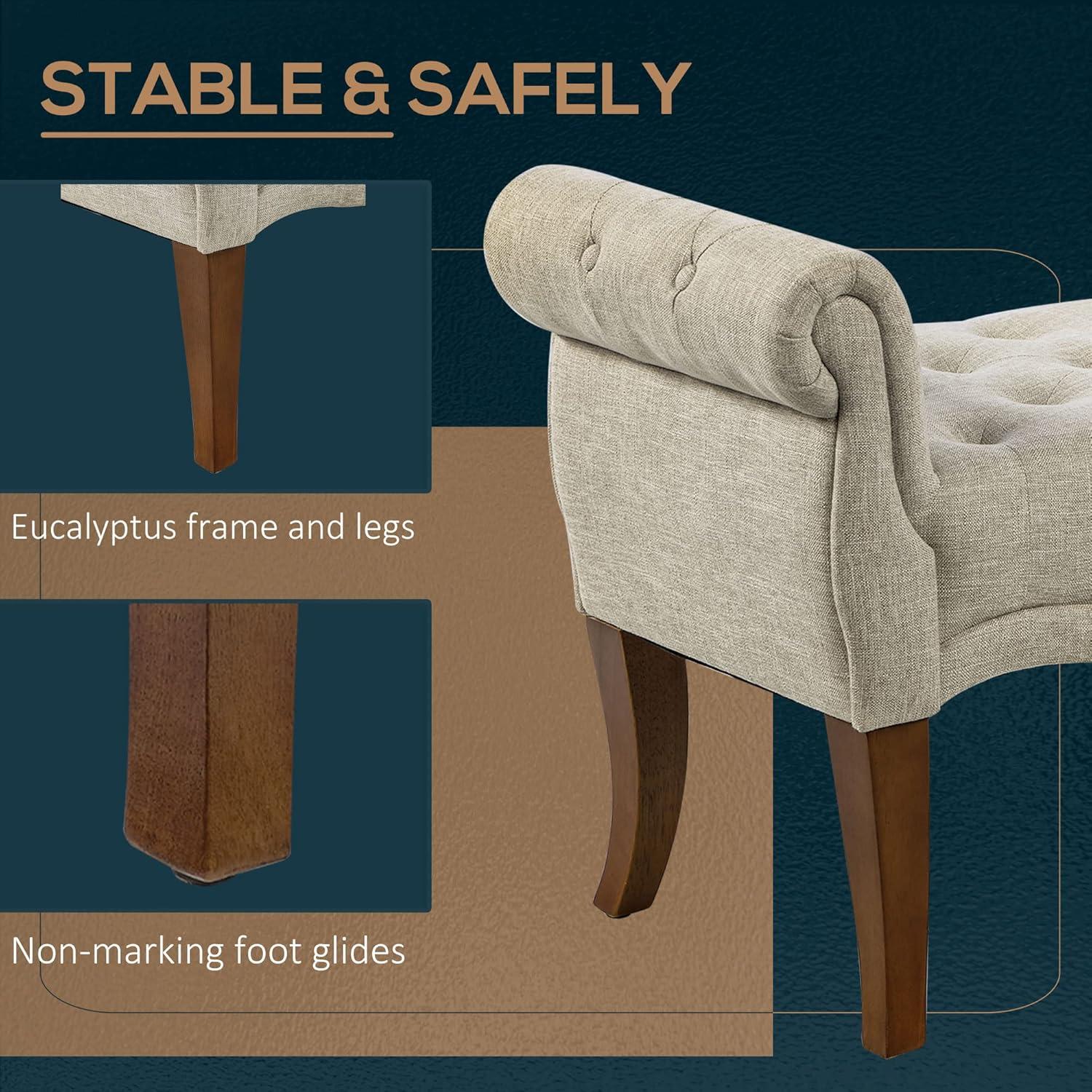 HOMCOM Traditional Style End of Bed Bench, Upholstered Entryway Bench with Button Tufted and Rounded Arm, Light Gray