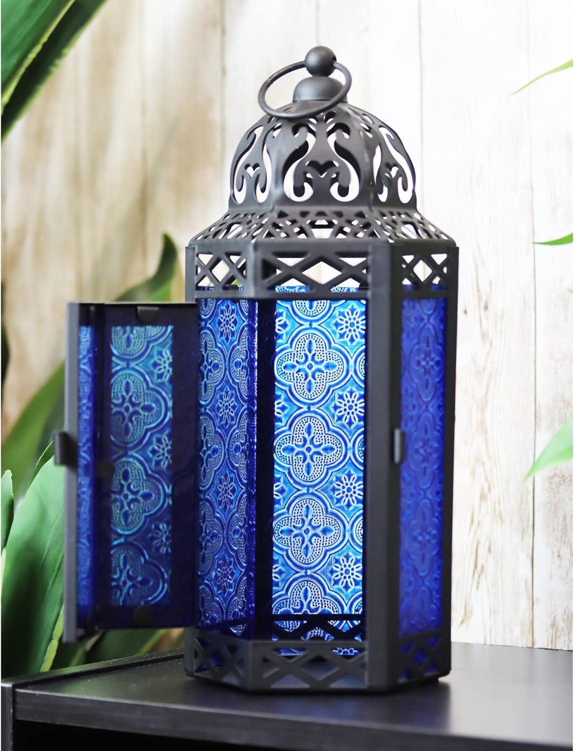 Vela Lanterns Decorative Moroccan Candle Lantern Holder for Decor, Cobalt Glass, Medium