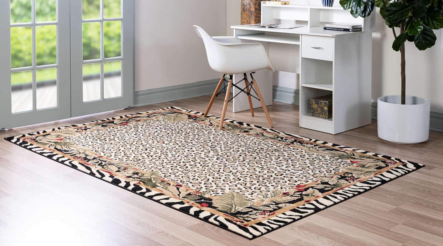 Ivory and Black Rectangular Floral Synthetic Area Rug