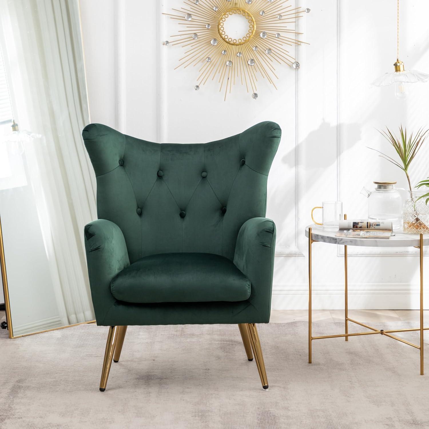 Roundhill Furniture Sovarol Velvet Button-Tufted Wing Back Accent Chair, Green