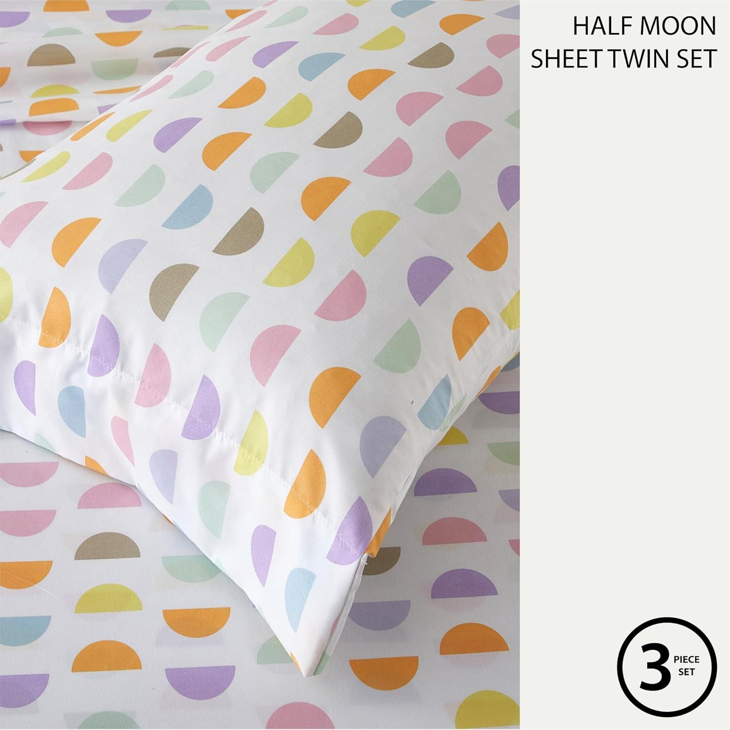 Heritage Kids 3 Piece Sheet Set, Including Top Sheet, Fitted Sheet and Pillow Case, Multi Color Half Moon, Twin