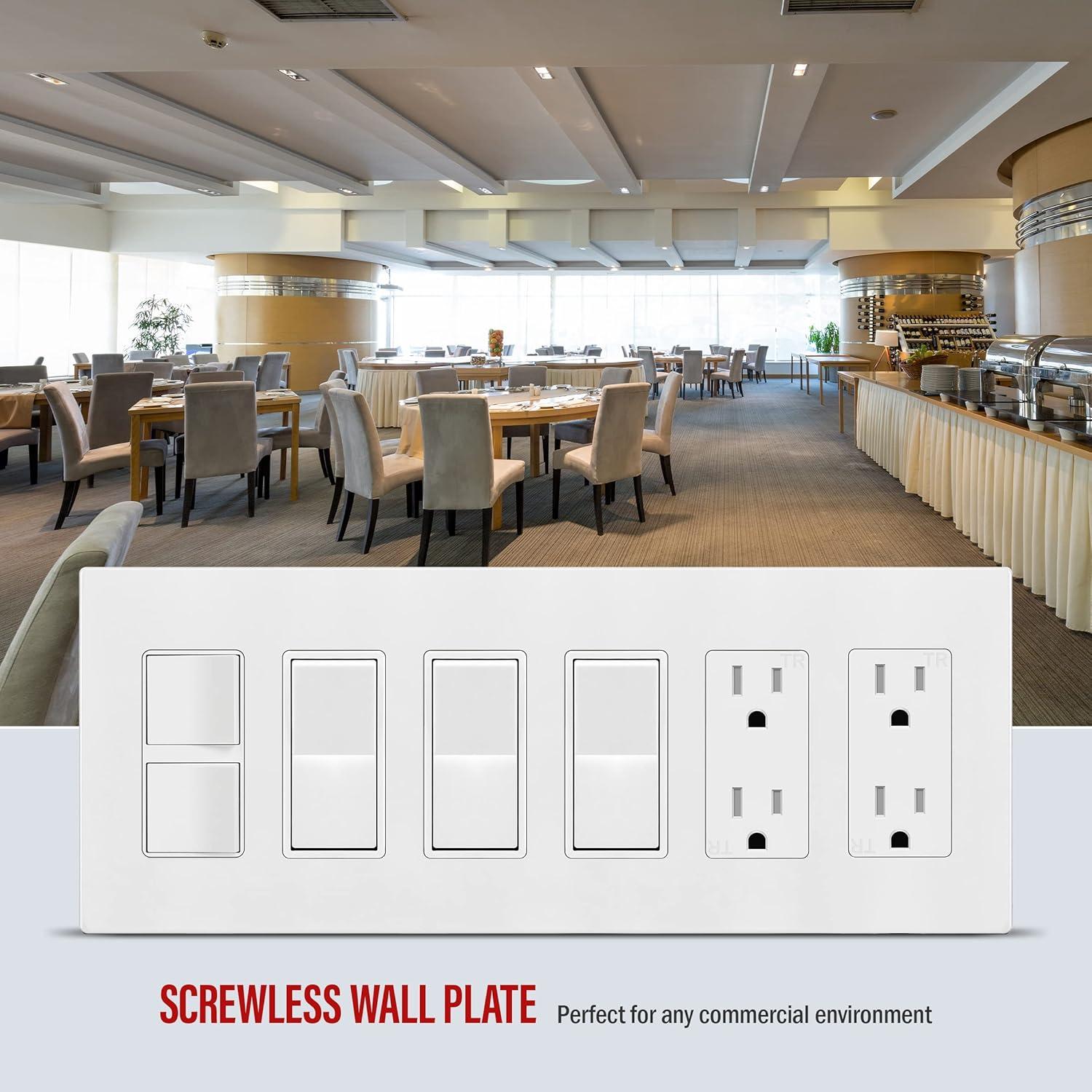 ENERLITES Screwless Decorator Wall Plate, Child Safe Outlet Covers, 6-Gang, Unbreakable Polycarbonate Thermoplastic, SI8836-W, Glossy, White