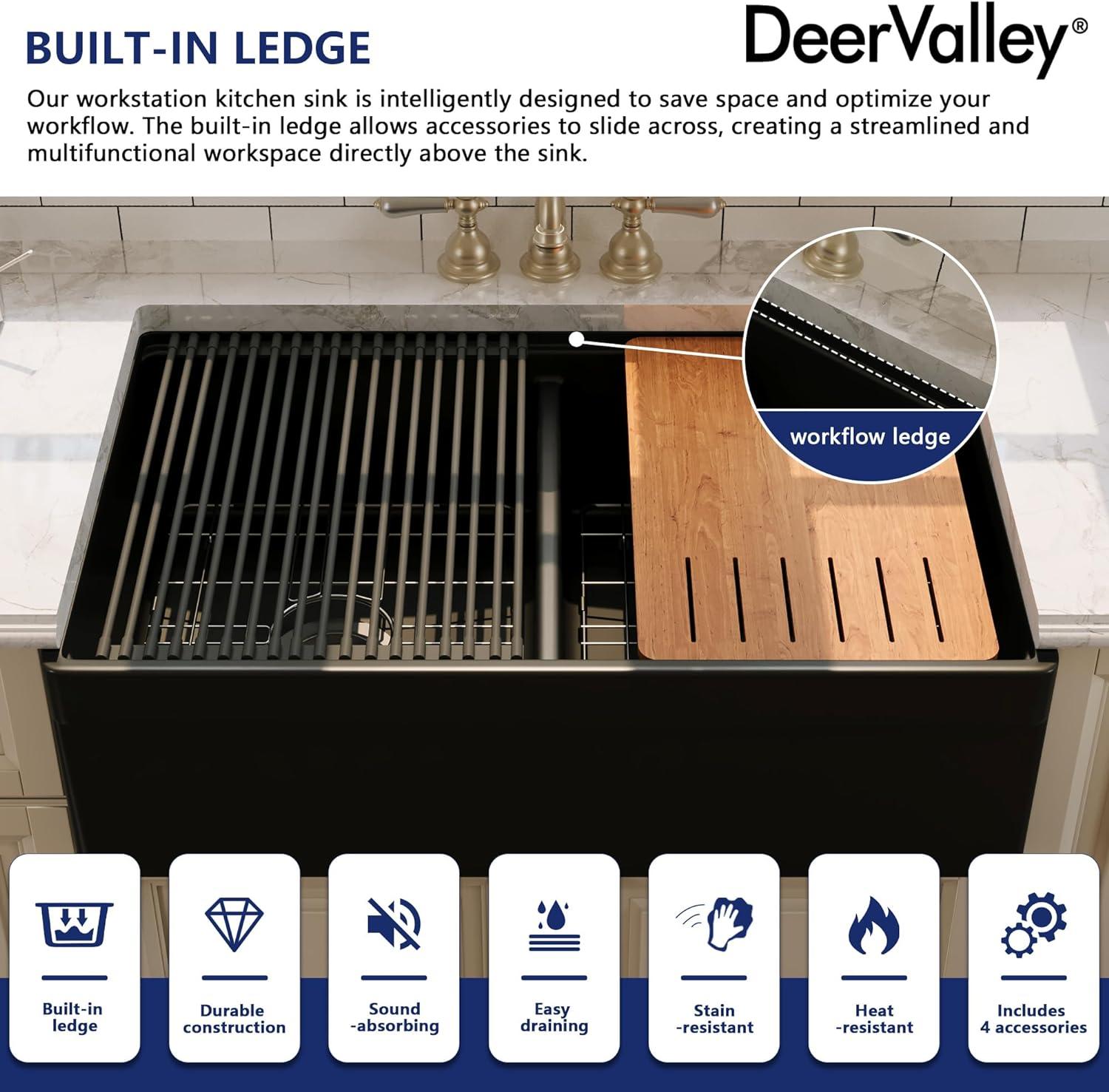 33"L x 20"W Farmhouse Kitchen Sink Deep Single Bowl Fireclay Workstation Sink with Cutting Board and Dish Drying Rack