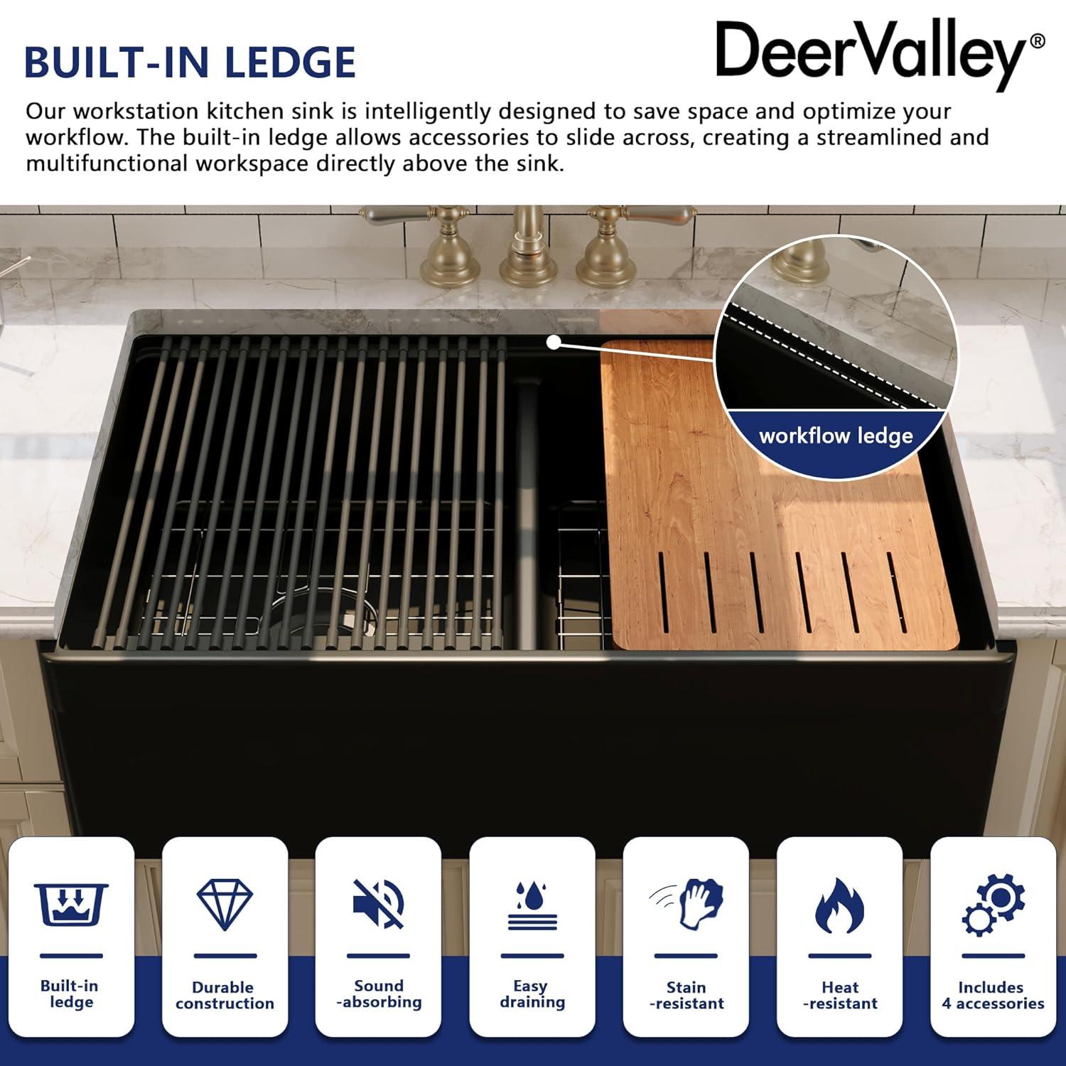 33"L x 20"W Farmhouse Kitchen Sink Deep Single Bowl Fireclay Workstation Sink with Cutting Board and Dish Drying Rack
