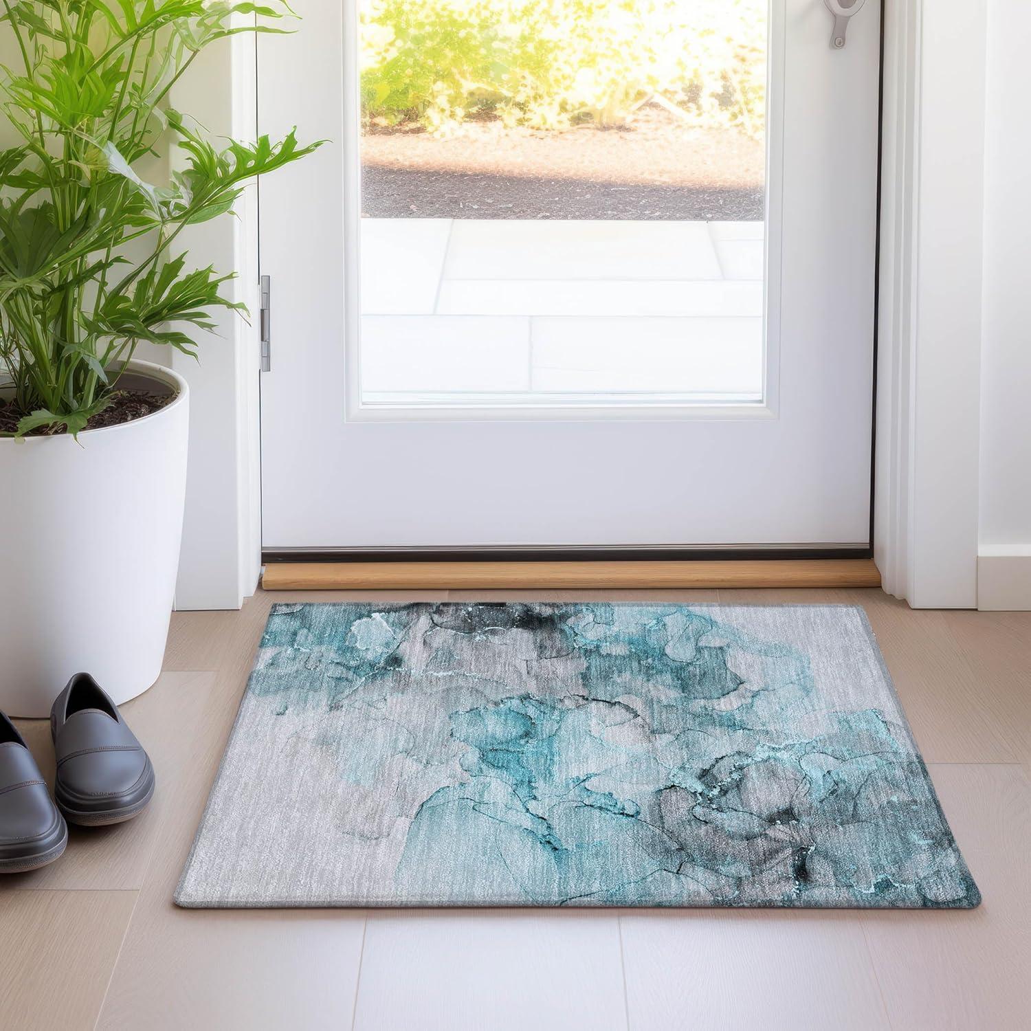 Teal and Gray Abstract Washable Synthetic Rug