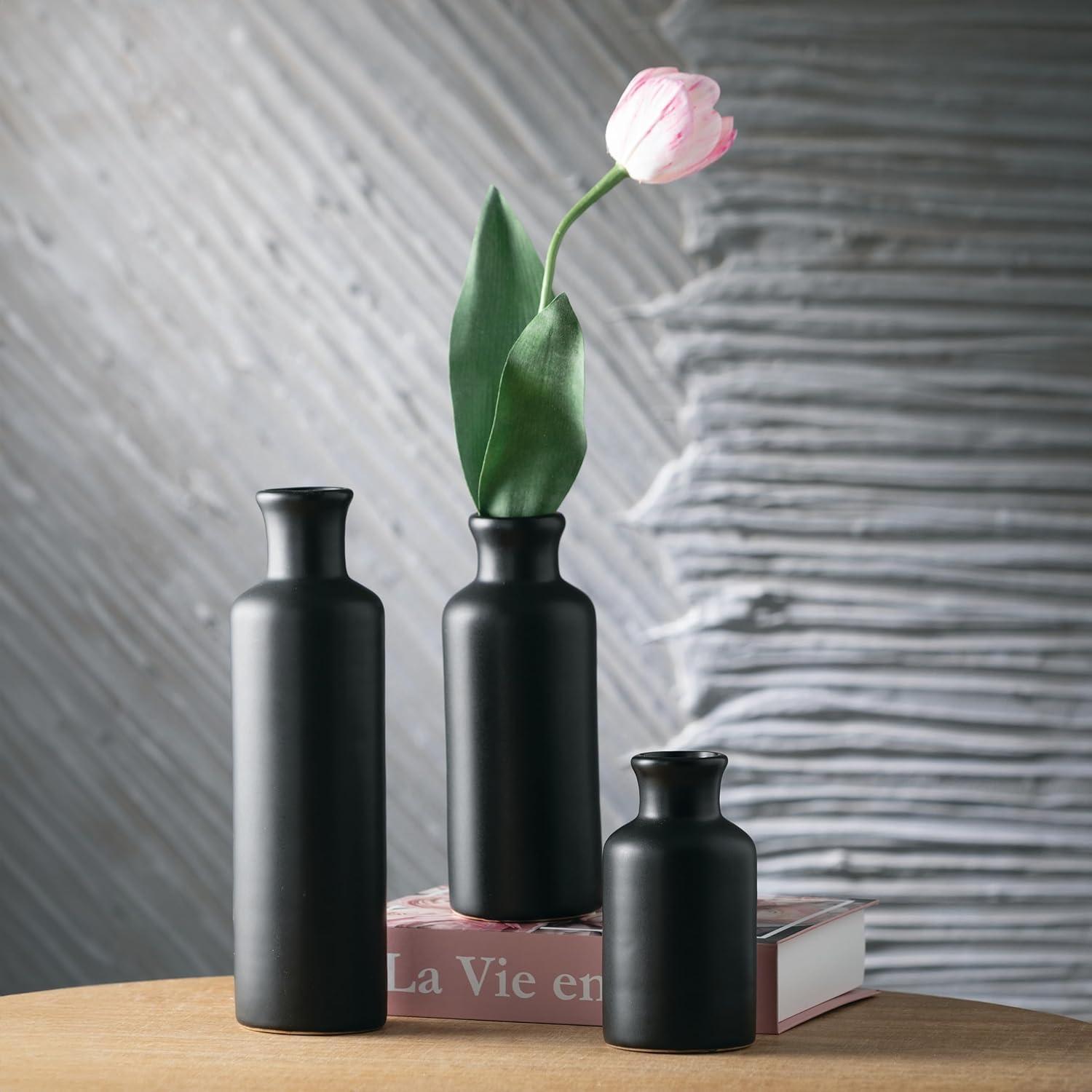 Sullivans Matte Black Set of 3 Small Ceramic Bottle Vases 5"H  7.5"H & 10"H Black