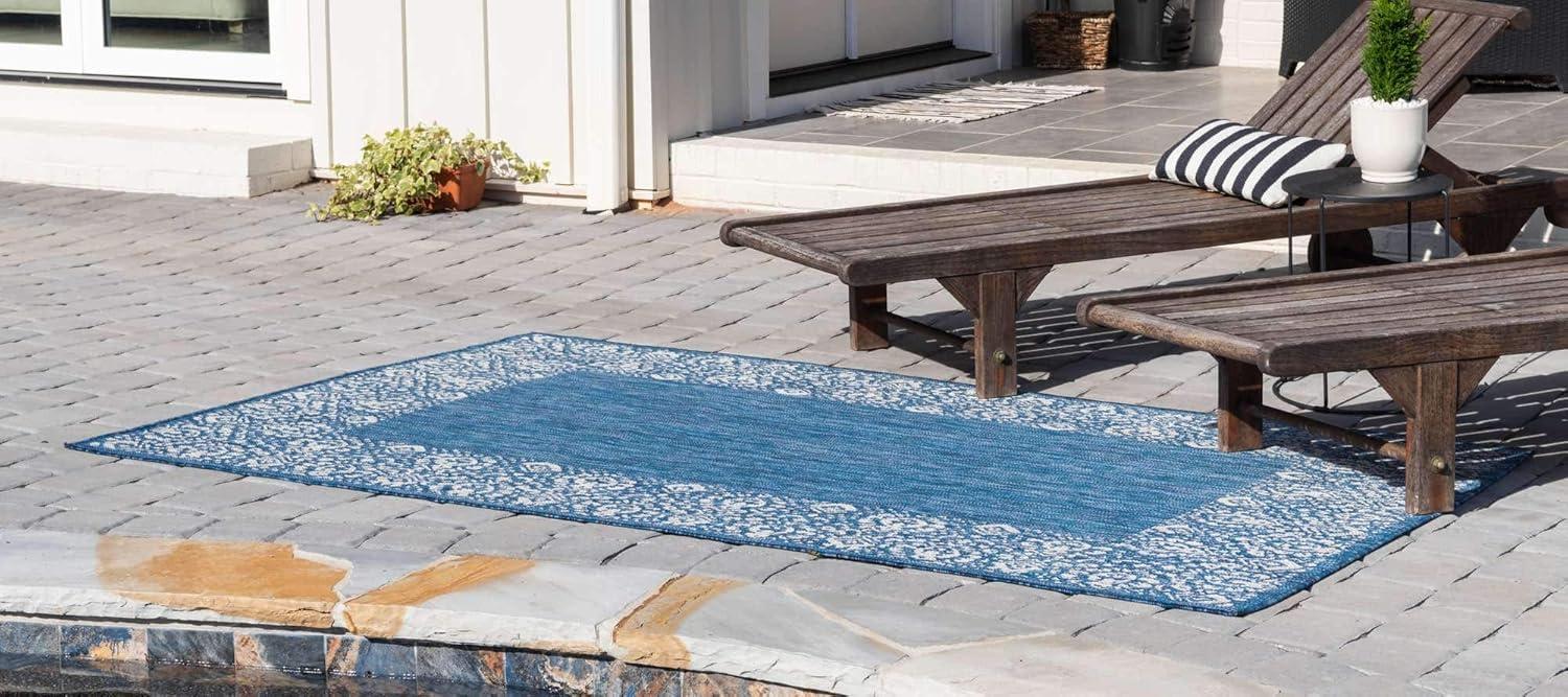 Unique Loom Outdoor Border Collection Area Rug - Floral Border (6' 1" x 9' Rectangle Blue/Ivory)