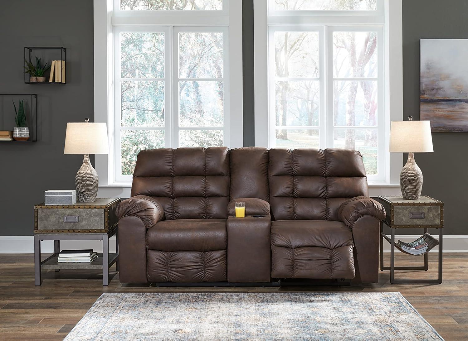 Nut Brown Faux Leather Reclining Loveseat with Cup Holder