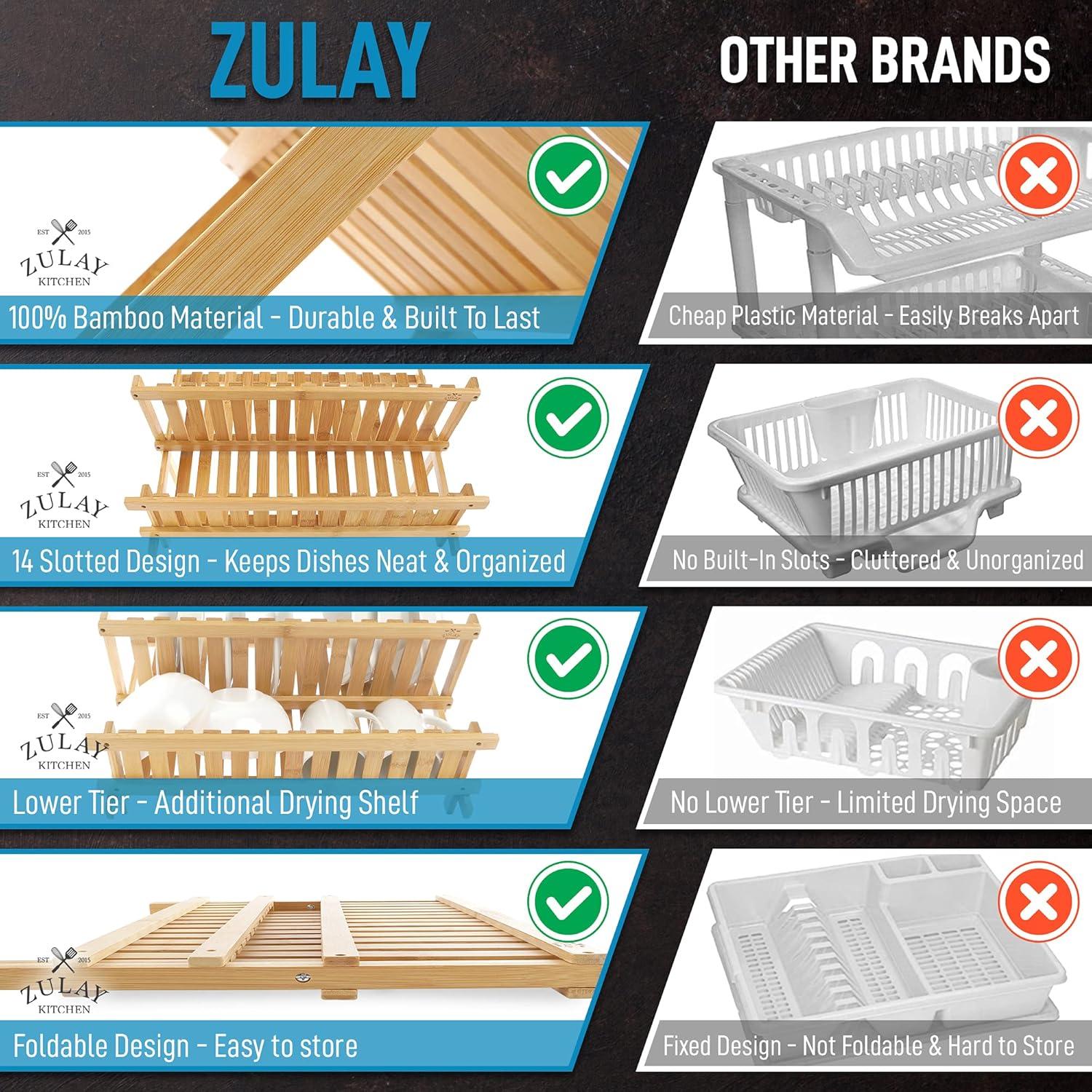 Zulay Kitchen 2-Tier Bamboo Collapsible Dish Drying Rack - Foldable Bamboo Dish Drying Rack Organizer For Countertop - Bamboo Dish Rack & Flatware Holder For Air Drying Plates