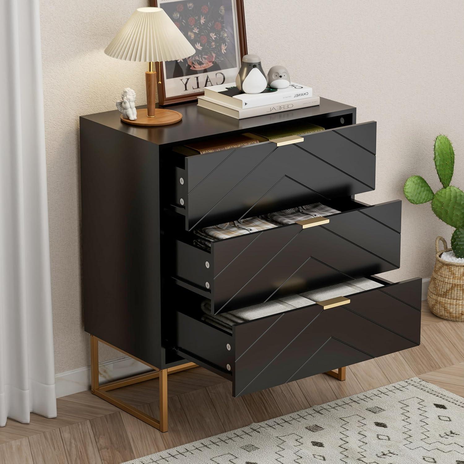 Black Honeycomb Pattern 3-Drawer Dresser with Gold Legs