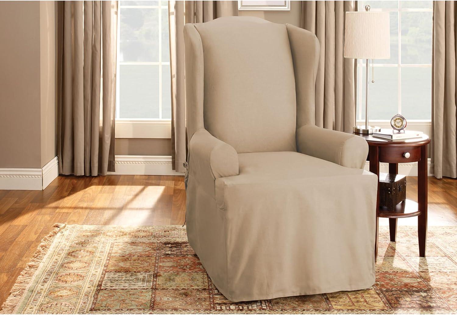 Duck Wing Chair Slipcover Tan - Sure Fit: Cotton Stretch Fit, Indoor Box Cushion Compatible, Machine Washable