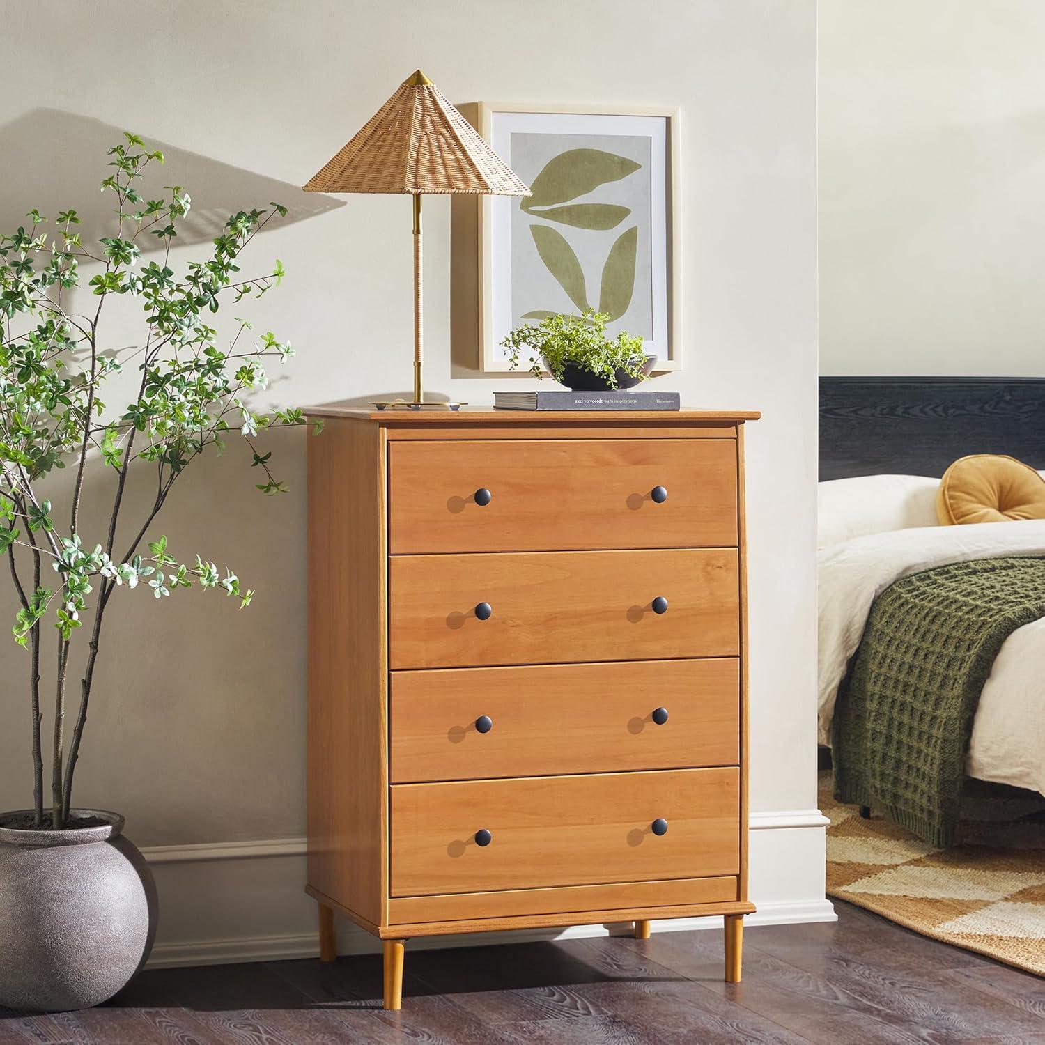 Caramel Mid-Century Modern 4-Drawer Solid Wood Dresser