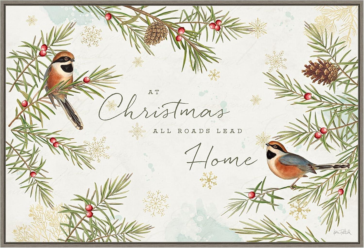 Christmas Tradition Framed Canvas Wall Art with Birds and Pine