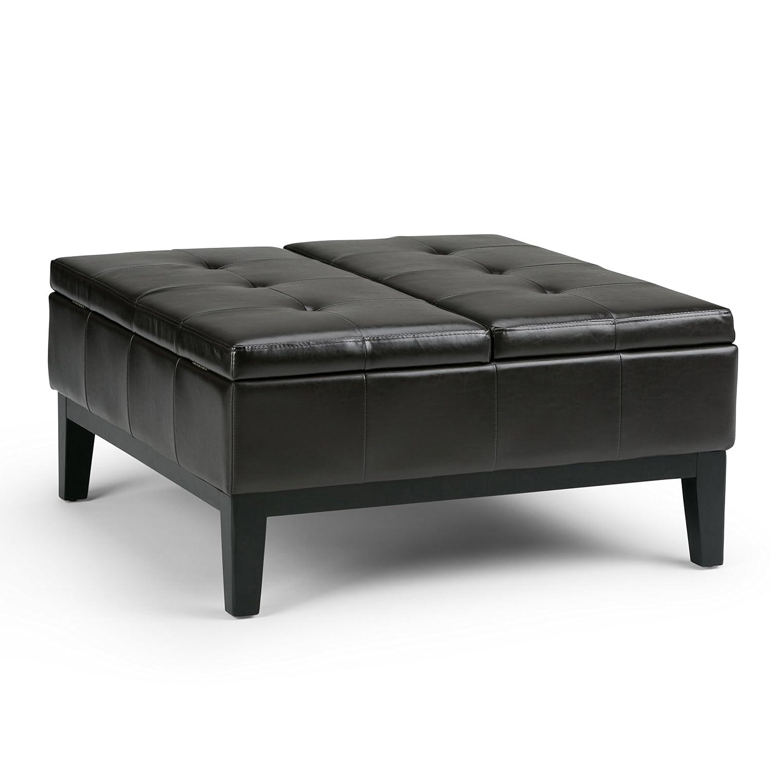 Simpli Home Dover 36"W Upholstered Square Coffee Table Storage Ottoman with Split Tufted Lift Top