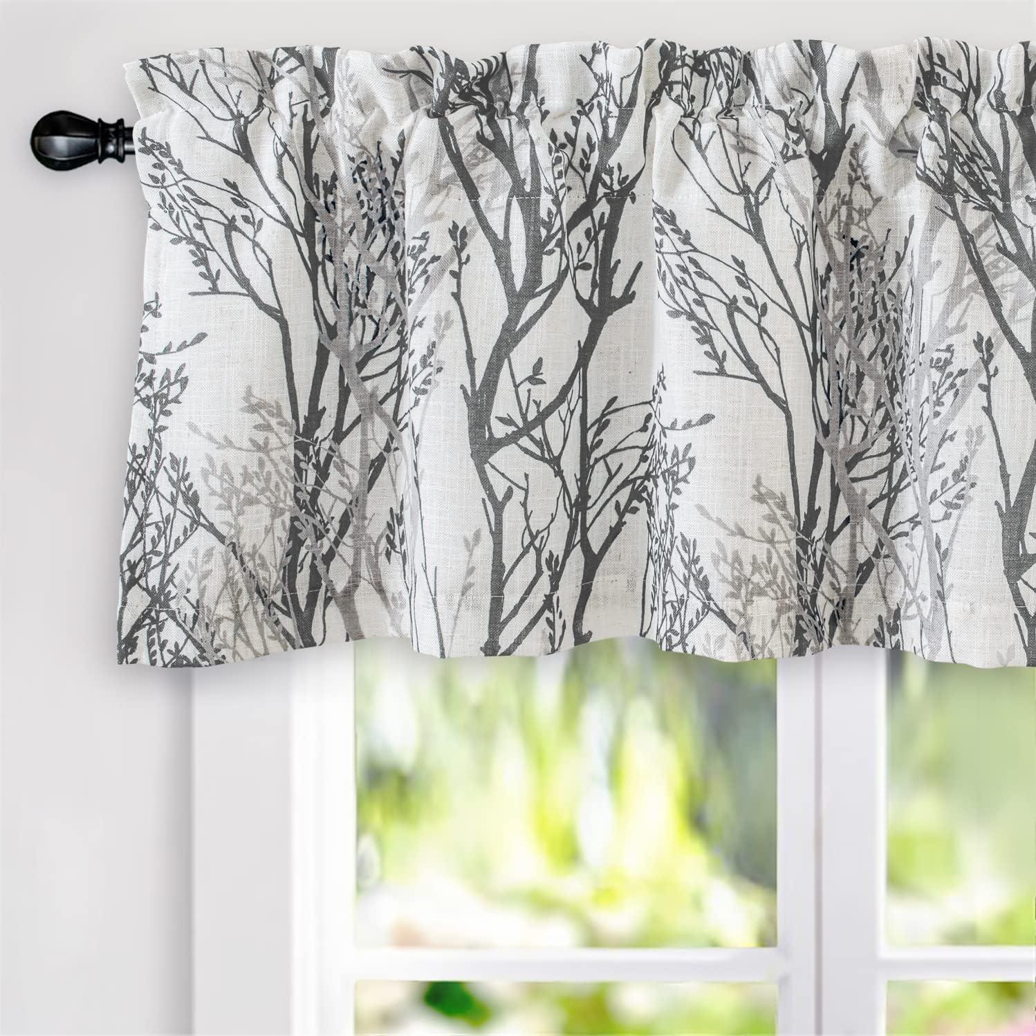 DriftAway Tree Branch Linen Blend Abstract Ink Printing Lined Thermal Insulated Window Curtain Valance Rod Pocket 52" x 18" Plus 2" Header Gray 2 Pack