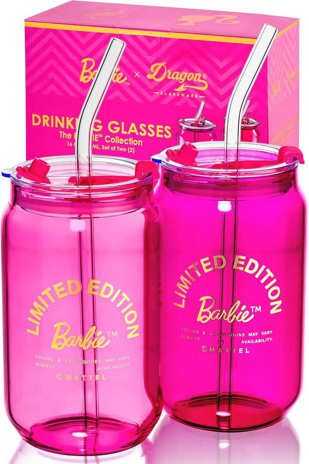 Limited Edition Pink and Magenta Glass Tumblers with Lids and Straws, Set of 2