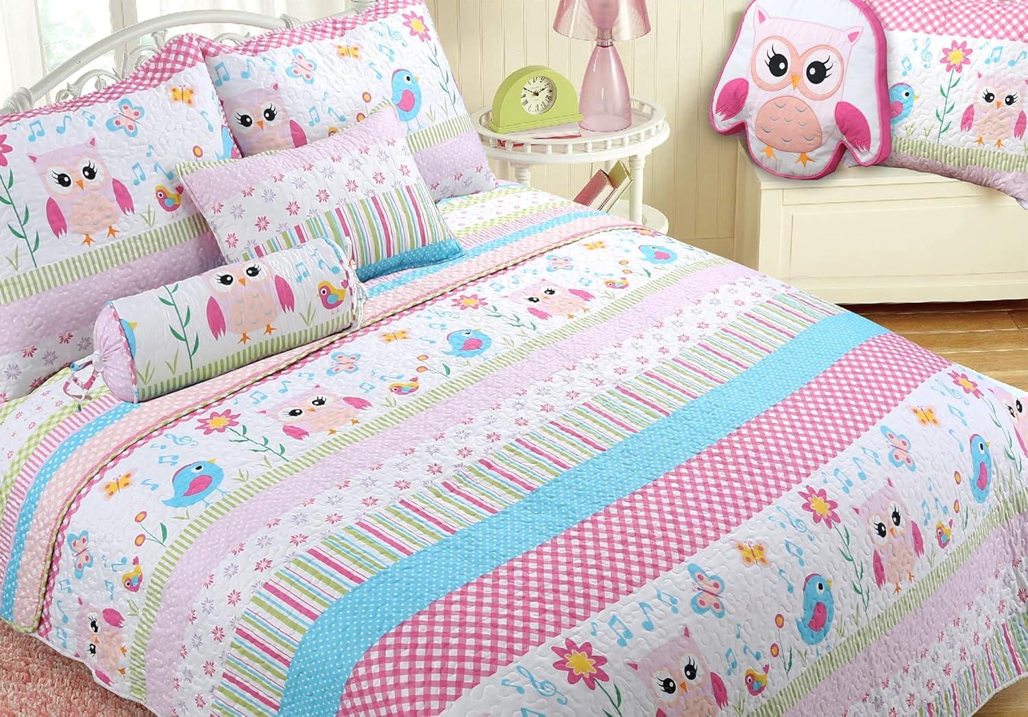 Cozy Line Home Fashions Cozy Line Happy Owl Floral Pink Reversible Quilt Bedding Set Twin 2 Piece