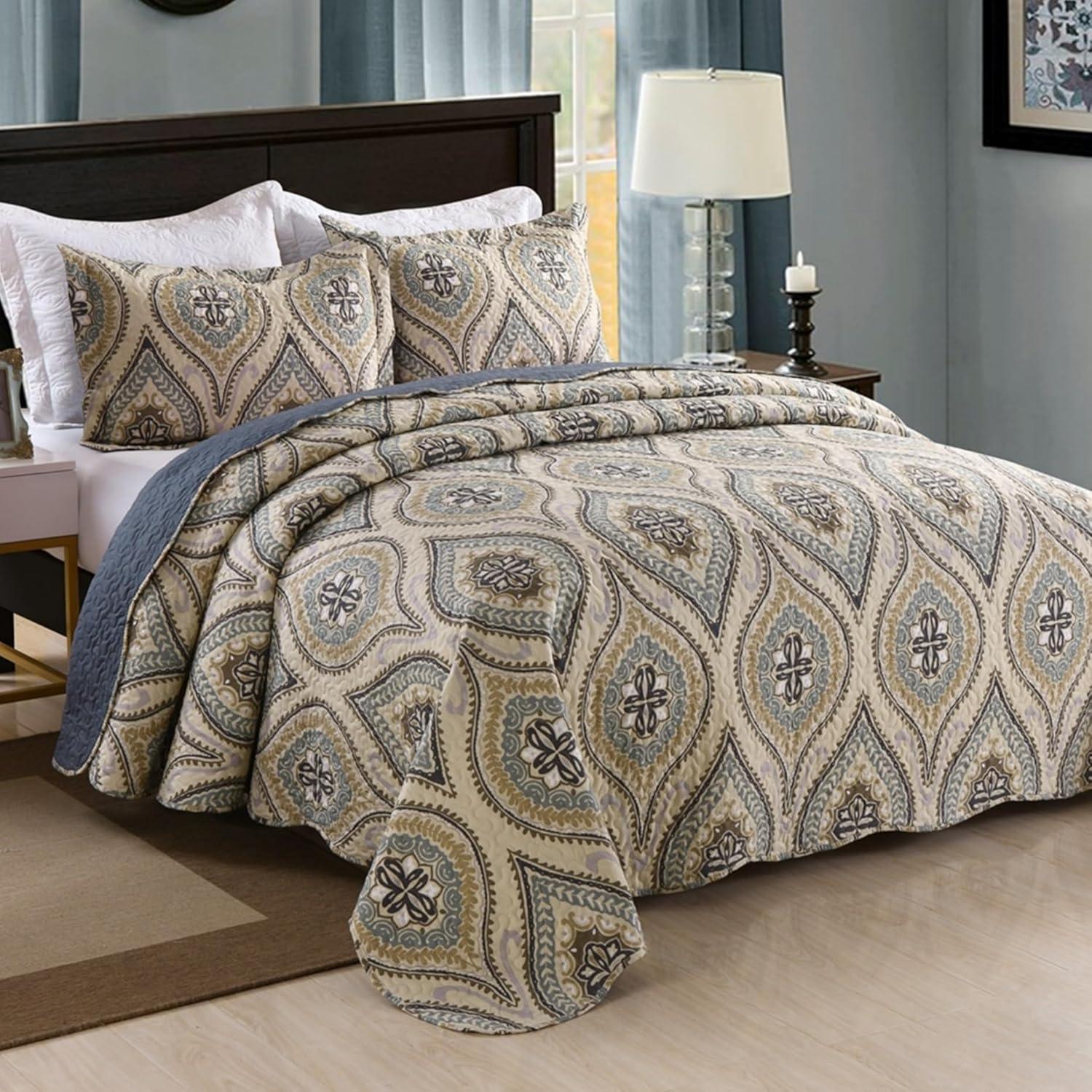 MarCielo 3 Piezas Edredón Ligero Rey, Edredón Impreso, Edredón Conjunto Ropa de Cama Manta Manta Coverlet Ligero Colcha Conjunto, Amarillo + Gris Oscuro, Tamaño King, Joni