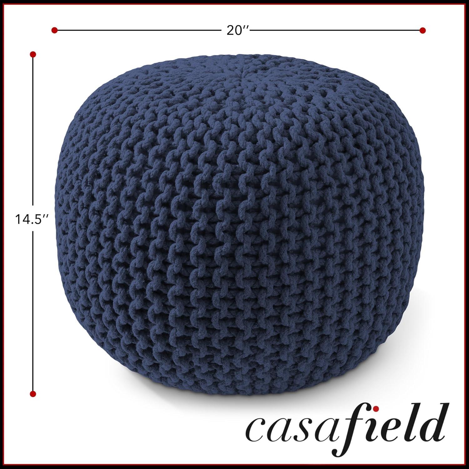 Casafield Round Pouf Ottoman, Navy Blue - 20" Dia x 14.5" High Cotton Knit Foot Stool - Boho Floor Pouffe for Living Room